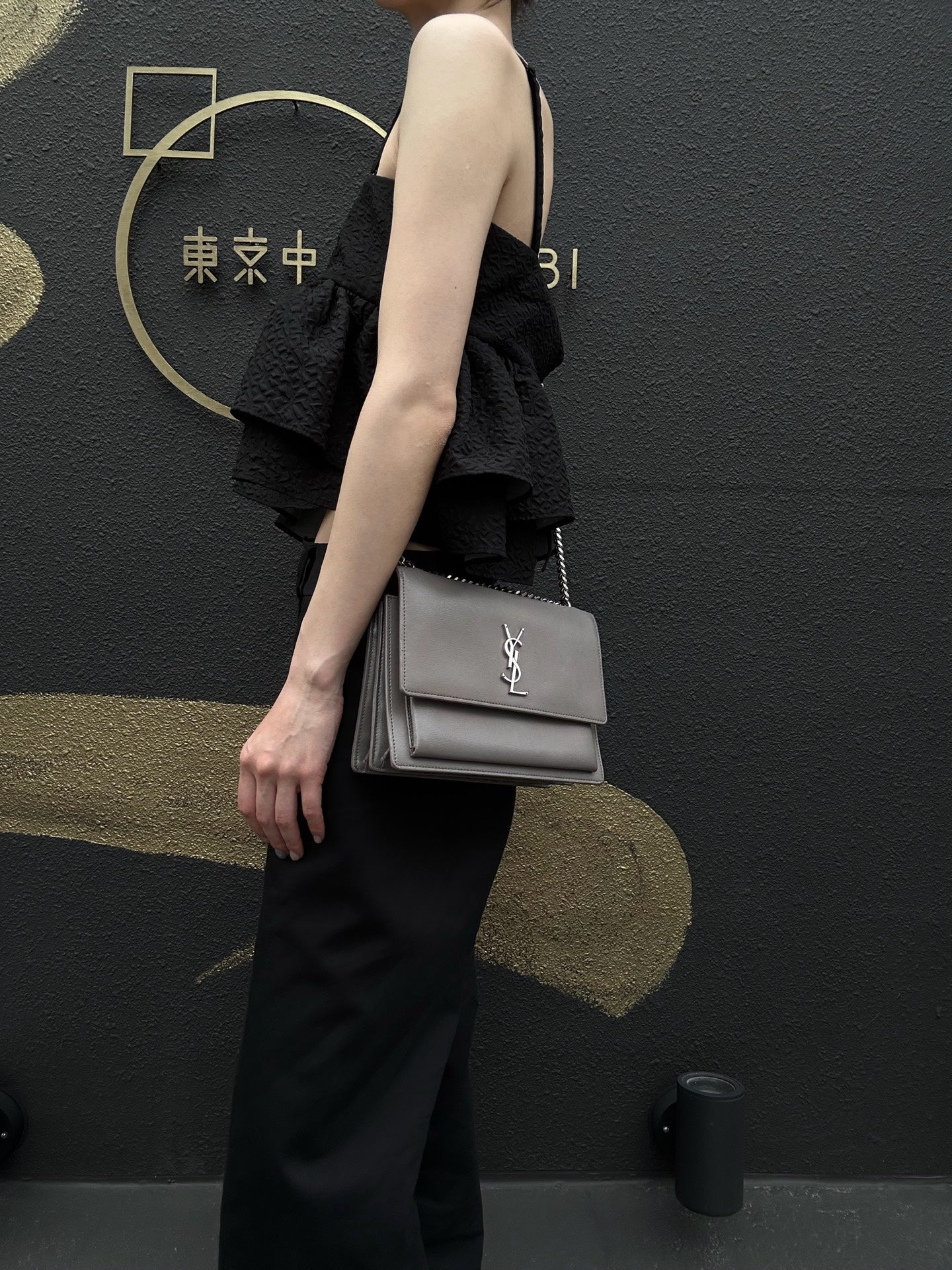 YSL Saint Laurent Sunset Shoulder Bag PVC Elephant Grey Silver Hardware