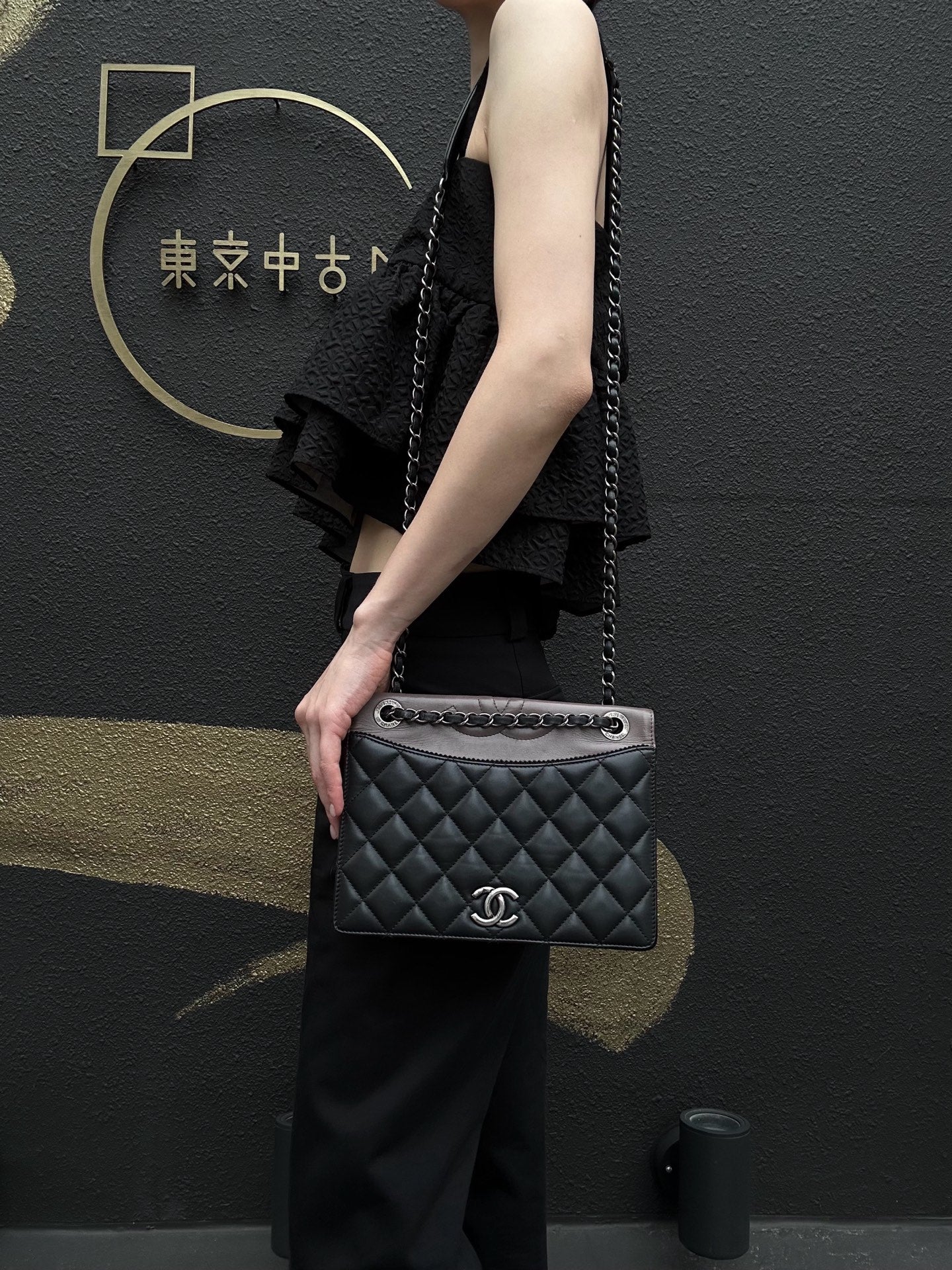 CHANEL Matelassé Shoulder Bag Lambskin Black/Pink Silver Hardware