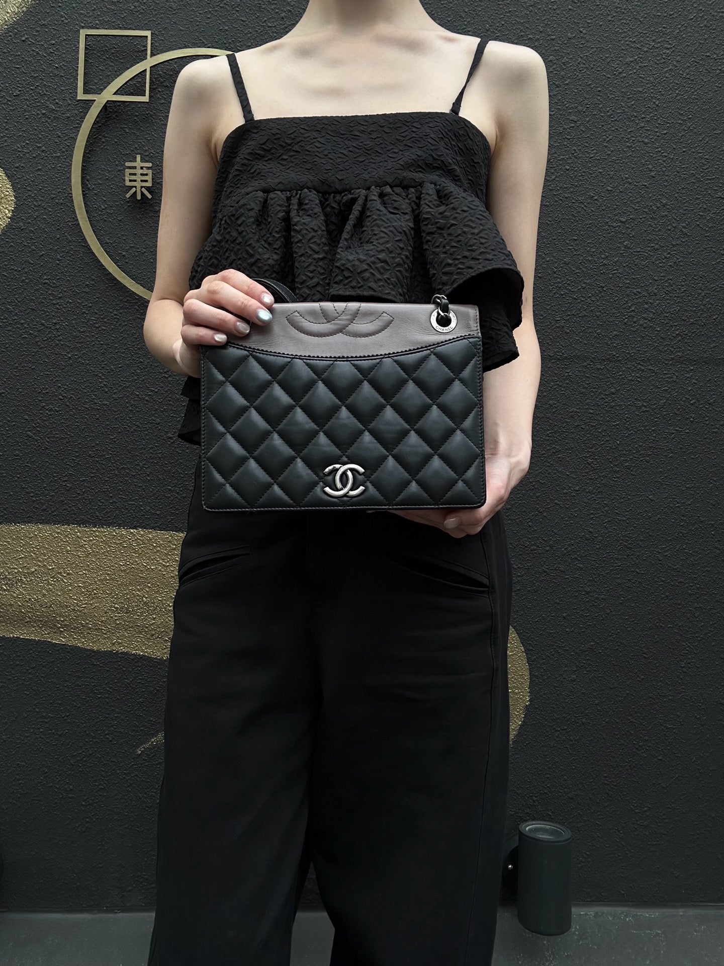 CHANEL Matelassé Shoulder Bag Lambskin Black/Pink Silver Hardware