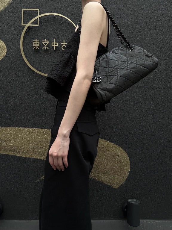 CHANEL Matelasse Wild Stitch Calfskin Bowling Tote Shoulder Bag Grey Silver Hardware