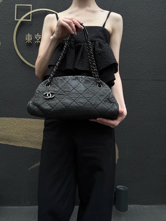 CHANEL Matelasse Wild Stitch Calfskin Bowling Tote Shoulder Bag Grey Silver Hardware