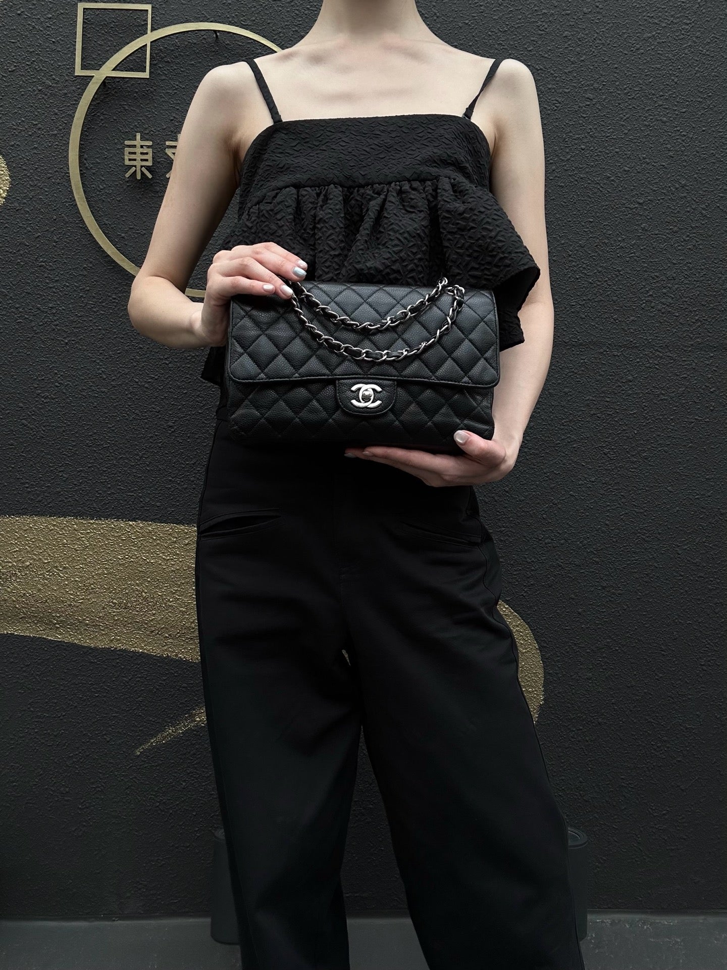 CHANEL Classic Flap Matelasse Shoulder Bag Caviar Leather Black Silver Hardware