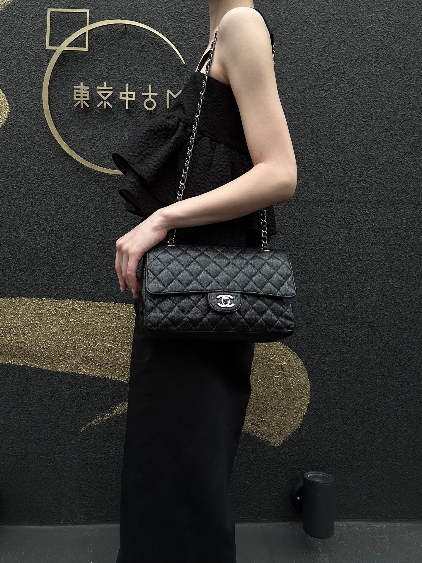 CHANEL Classic Flap Matelasse Shoulder Bag Caviar Leather Black Silver Hardware