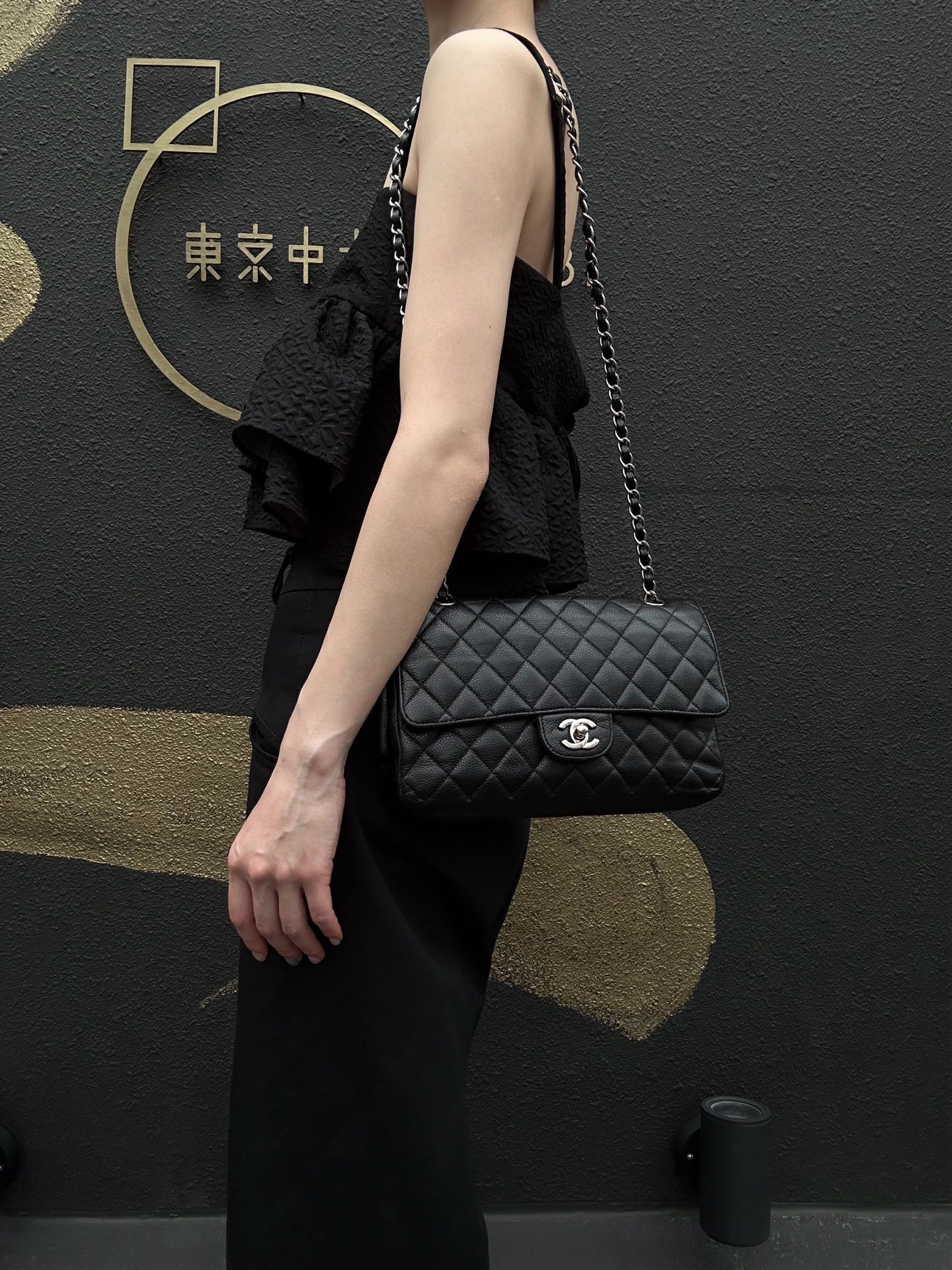 CHANEL Classic Flap Matelasse Shoulder Bag Caviar Leather Black Silver Hardware