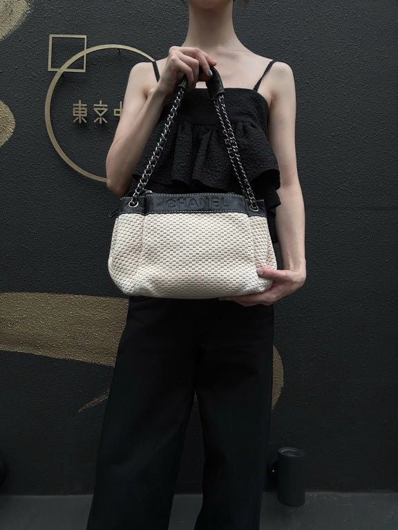 CHANEL Canvas Shoulder Bag Beige/Black Silver Hardware