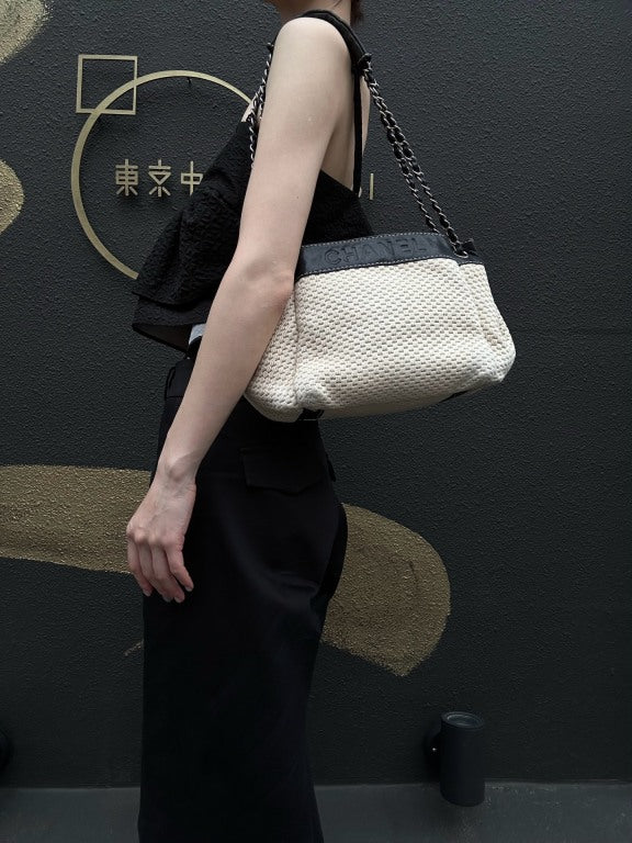 CHANEL Canvas Shoulder Bag Beige/Black Silver Hardware