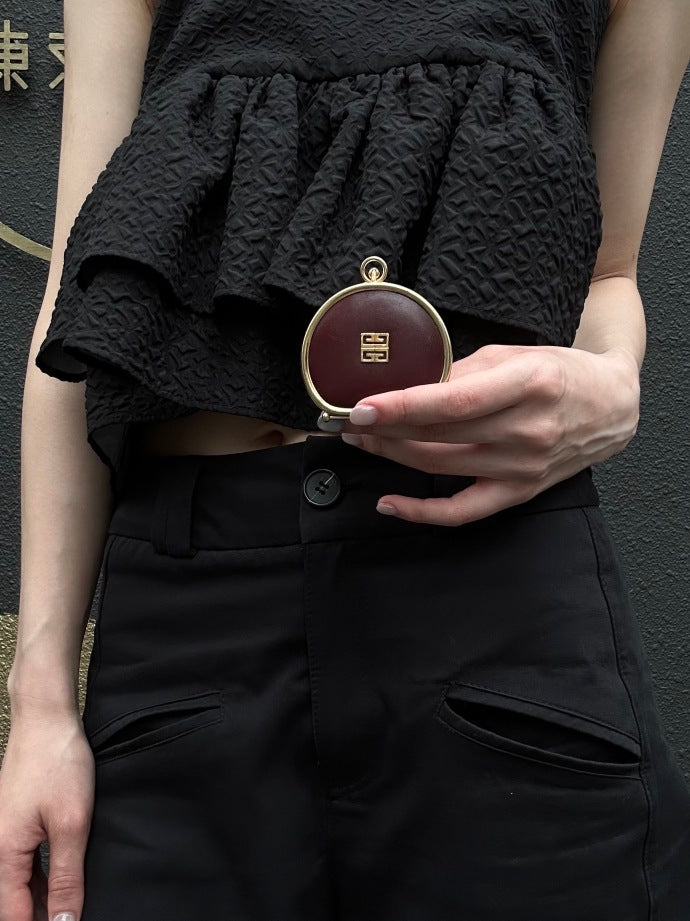 GIVENCHY 4G Logo Round Coin Case Leather Burgundy Gold Hardware
