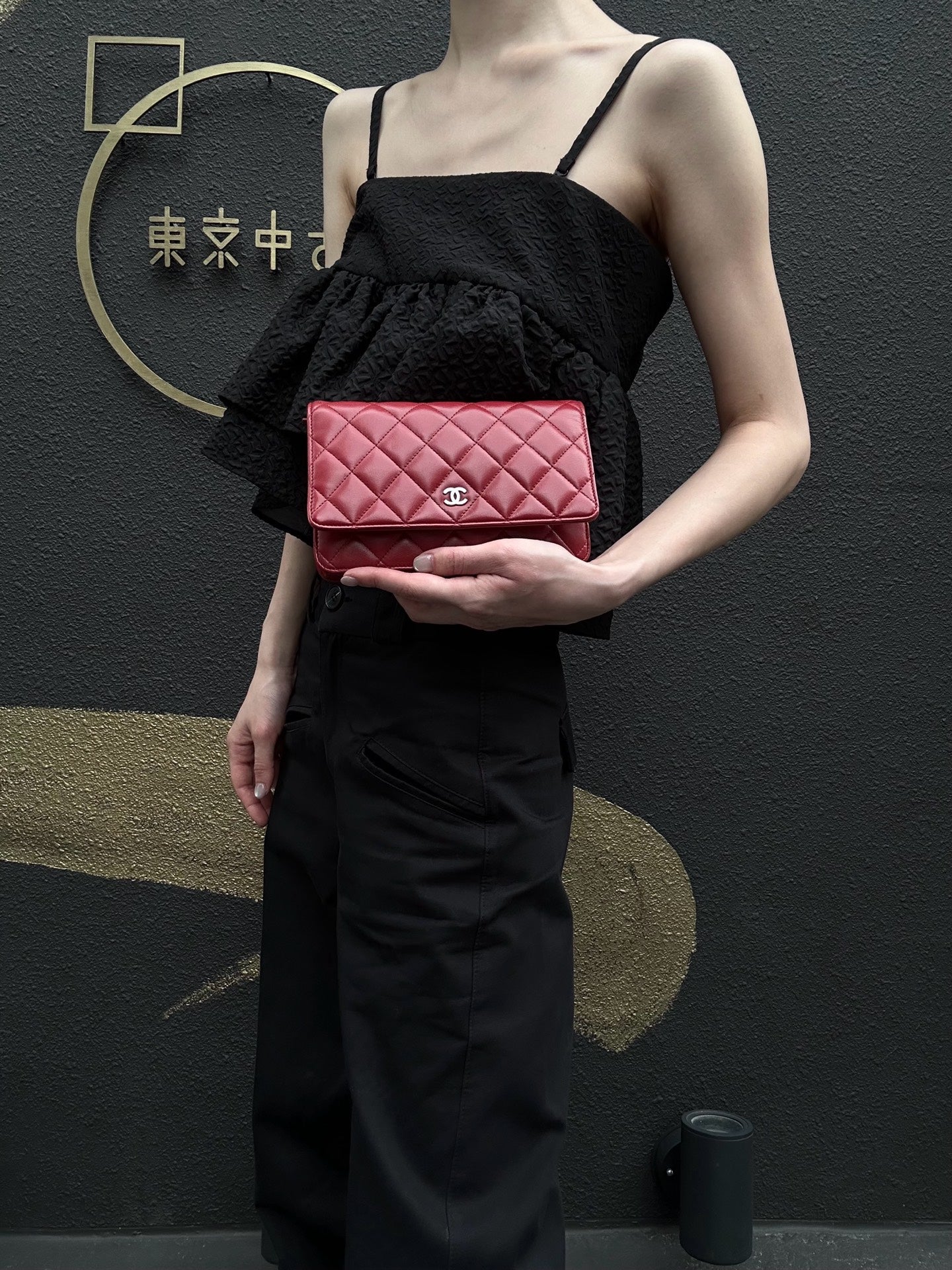CHANEL Matelasse WOC Wallet On Chain Shoulder Bag Calfskin Red Silver Hardware