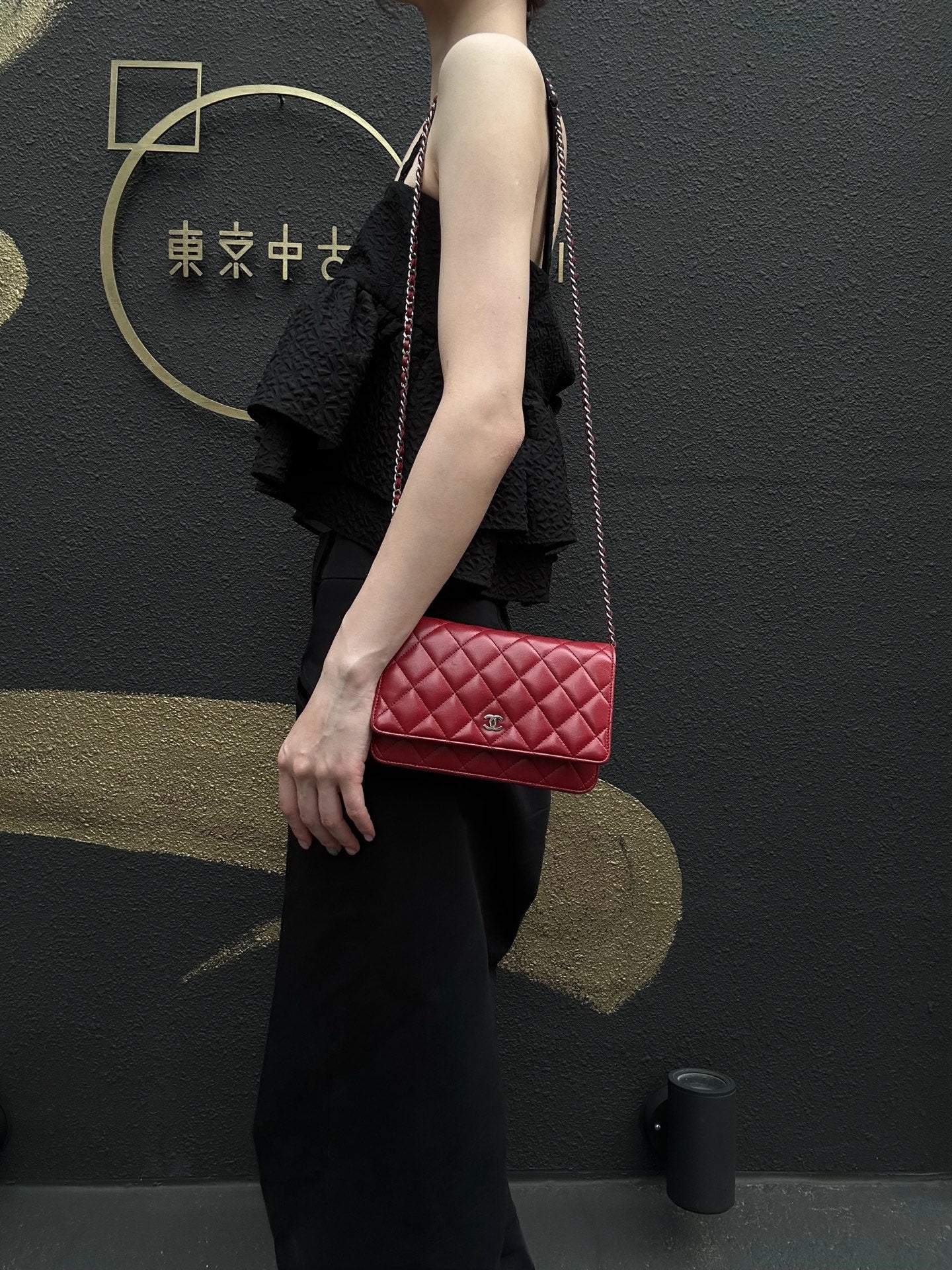 CHANEL Matelasse WOC Wallet On Chain Shoulder Bag Calfskin Red Silver Hardware