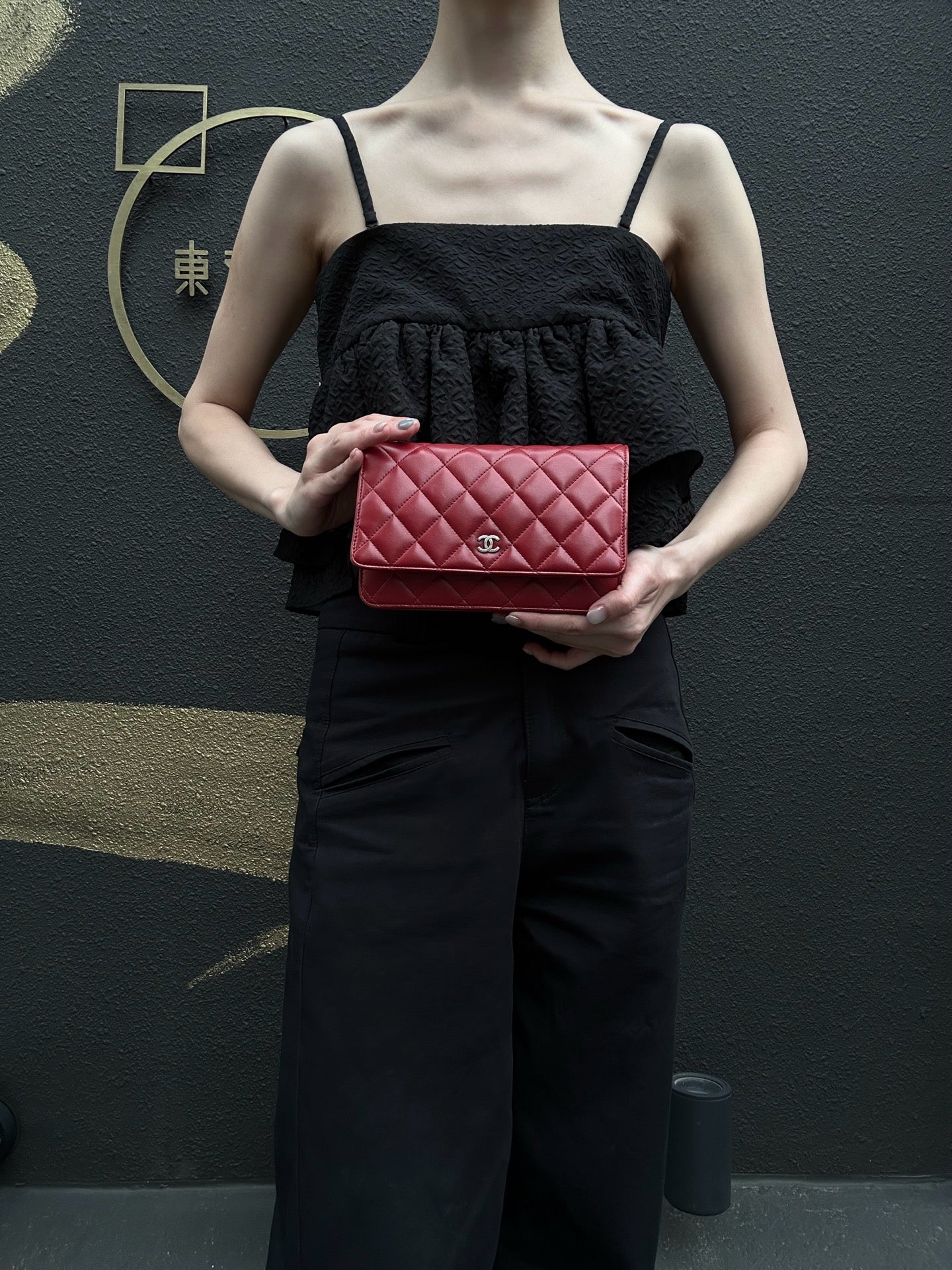 CHANEL Matelasse WOC Wallet On Chain Shoulder Bag Calfskin Red Silver Hardware
