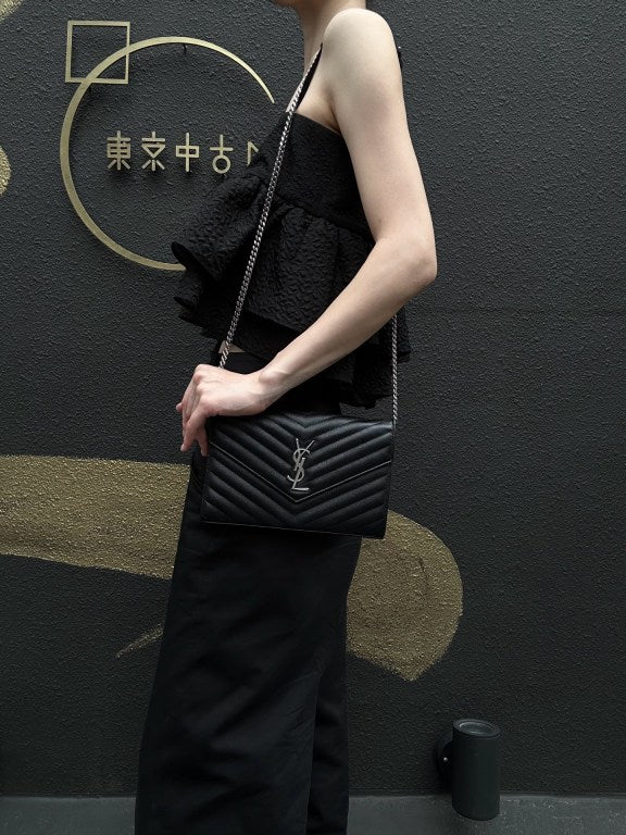 YSL Saint Laurent Cassandra V-stitch Shoulder Bag Calfskin Black Silver Hardware