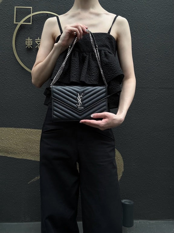 YSL Saint Laurent Cassandra V-stitch Shoulder Bag Calfskin Black Silver Hardware