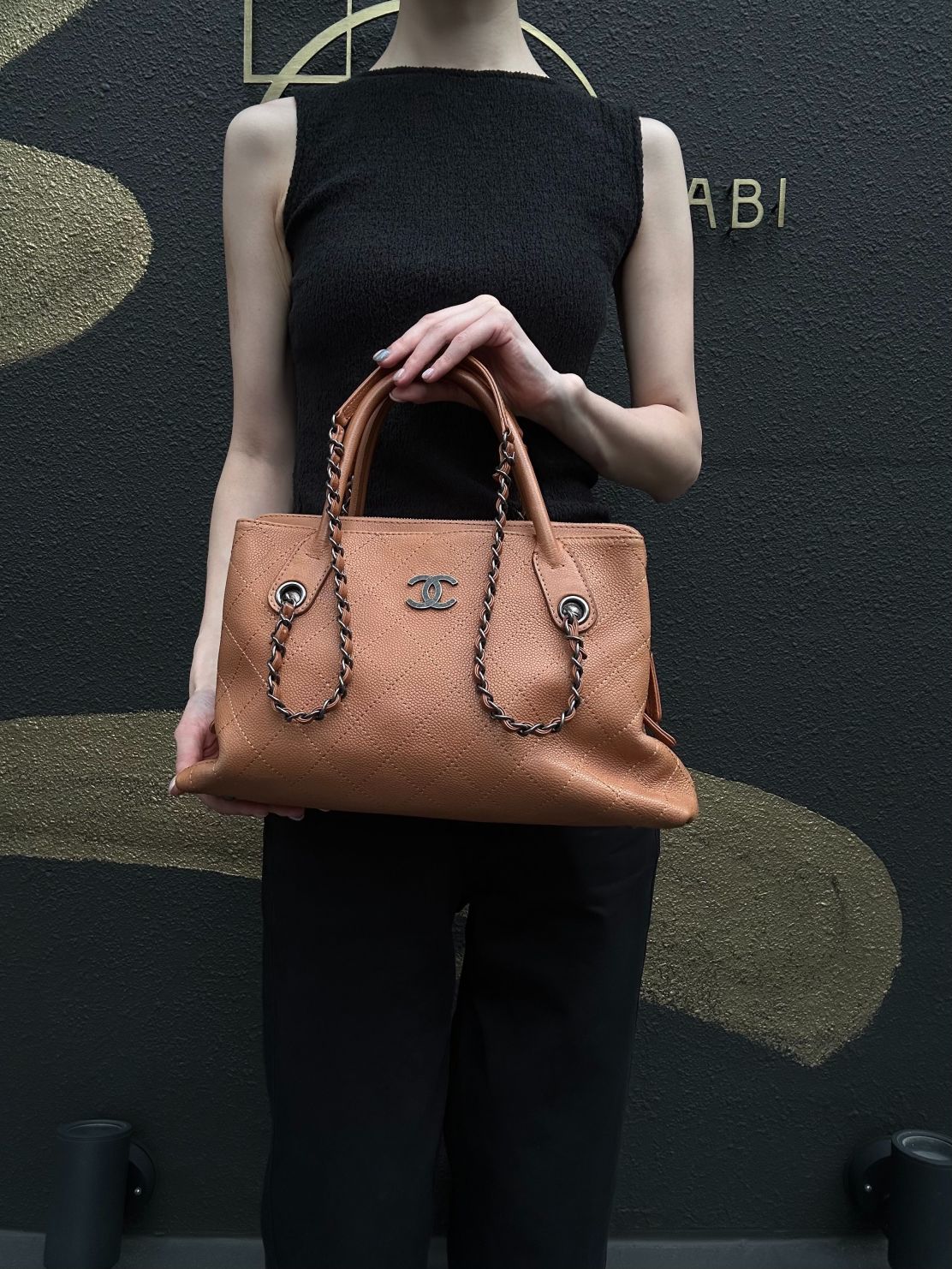 CHANEL Matelassé Caviar Leather Tote Bag Brown Orange Dark Silver-Tone Hardware