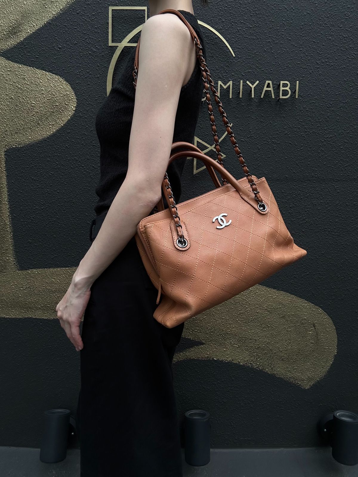 CHANEL Matelassé Caviar Leather Tote Bag Brown Orange Dark Silver-Tone Hardware