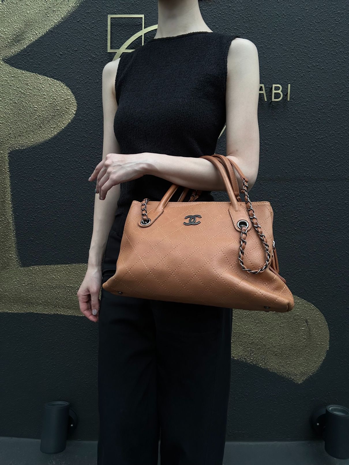 CHANEL Matelassé Caviar Leather Tote Bag Brown Orange Dark Silver-Tone Hardware