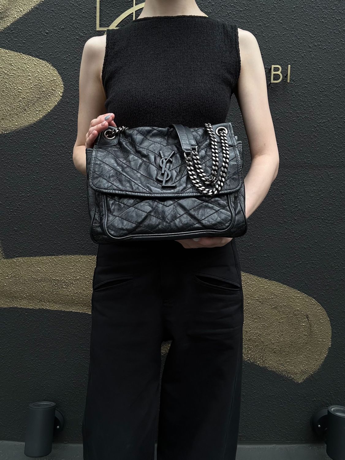 YSL Saint Laurent Niki Shoulder Bag Oiled Leather Black Silver Hardware