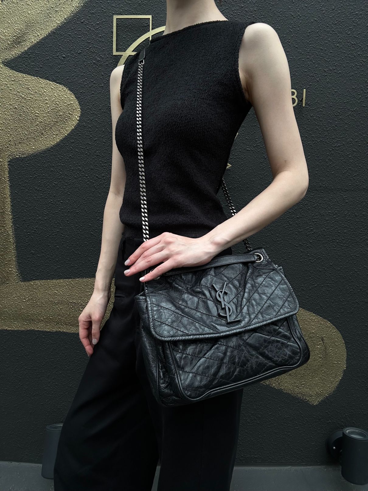 YSL Saint Laurent Niki Shoulder Bag Oiled Leather Black Silver Hardware