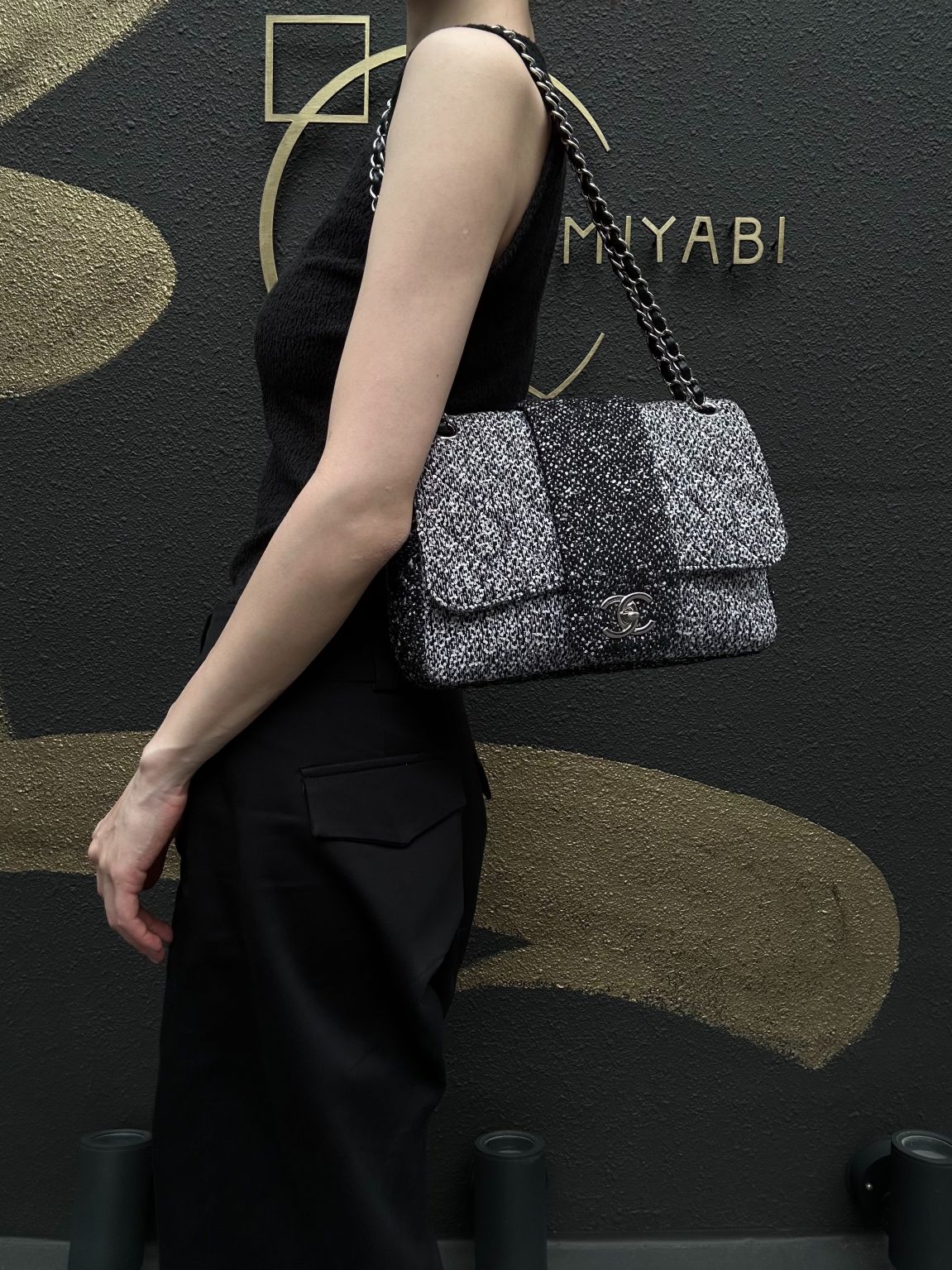 CHANEL CF Matelassé Tweed Shoulder Bag Black Silver-Tone Hardware