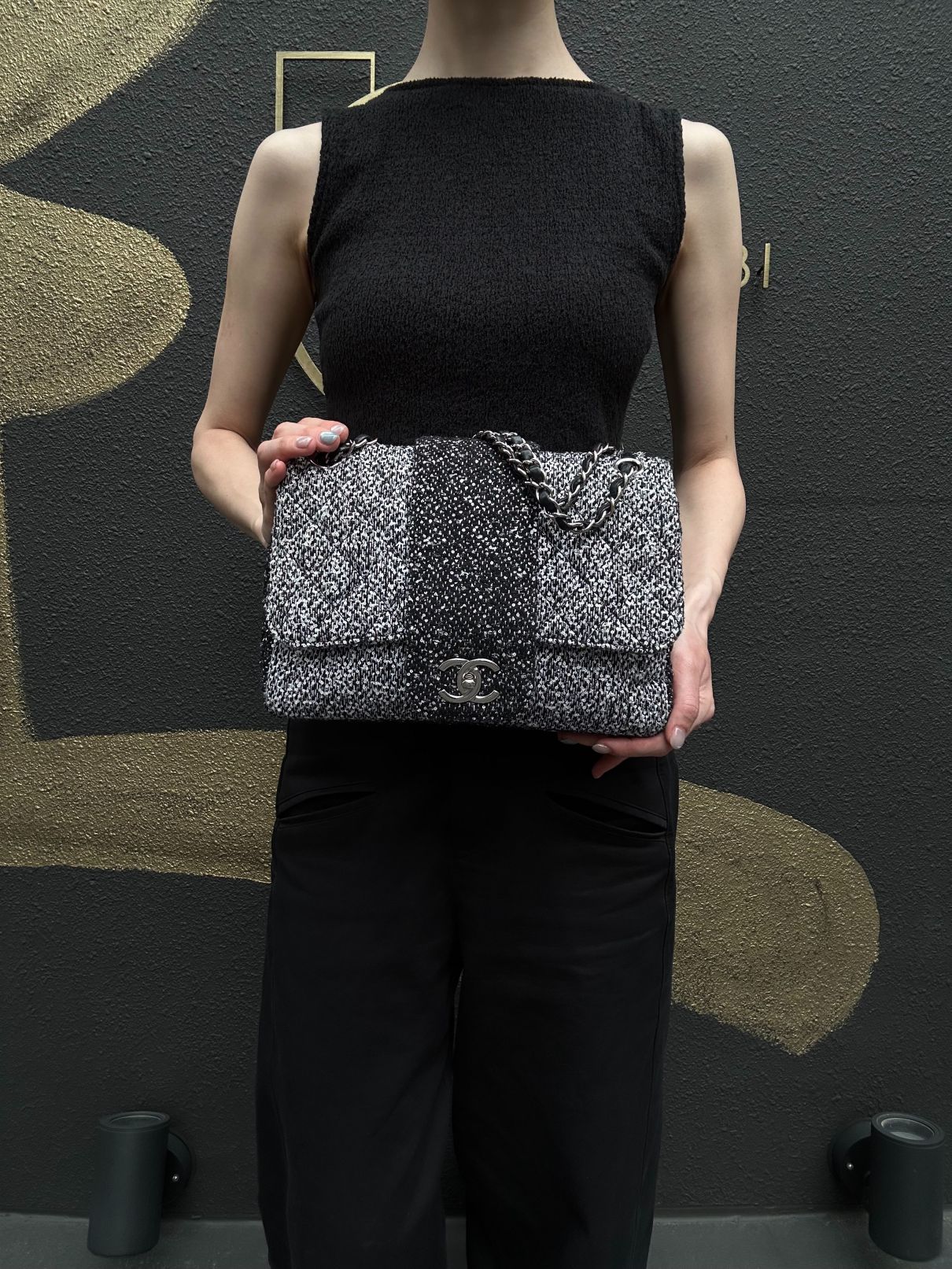 CHANEL CF Matelassé Tweed Shoulder Bag Black Silver-Tone Hardware