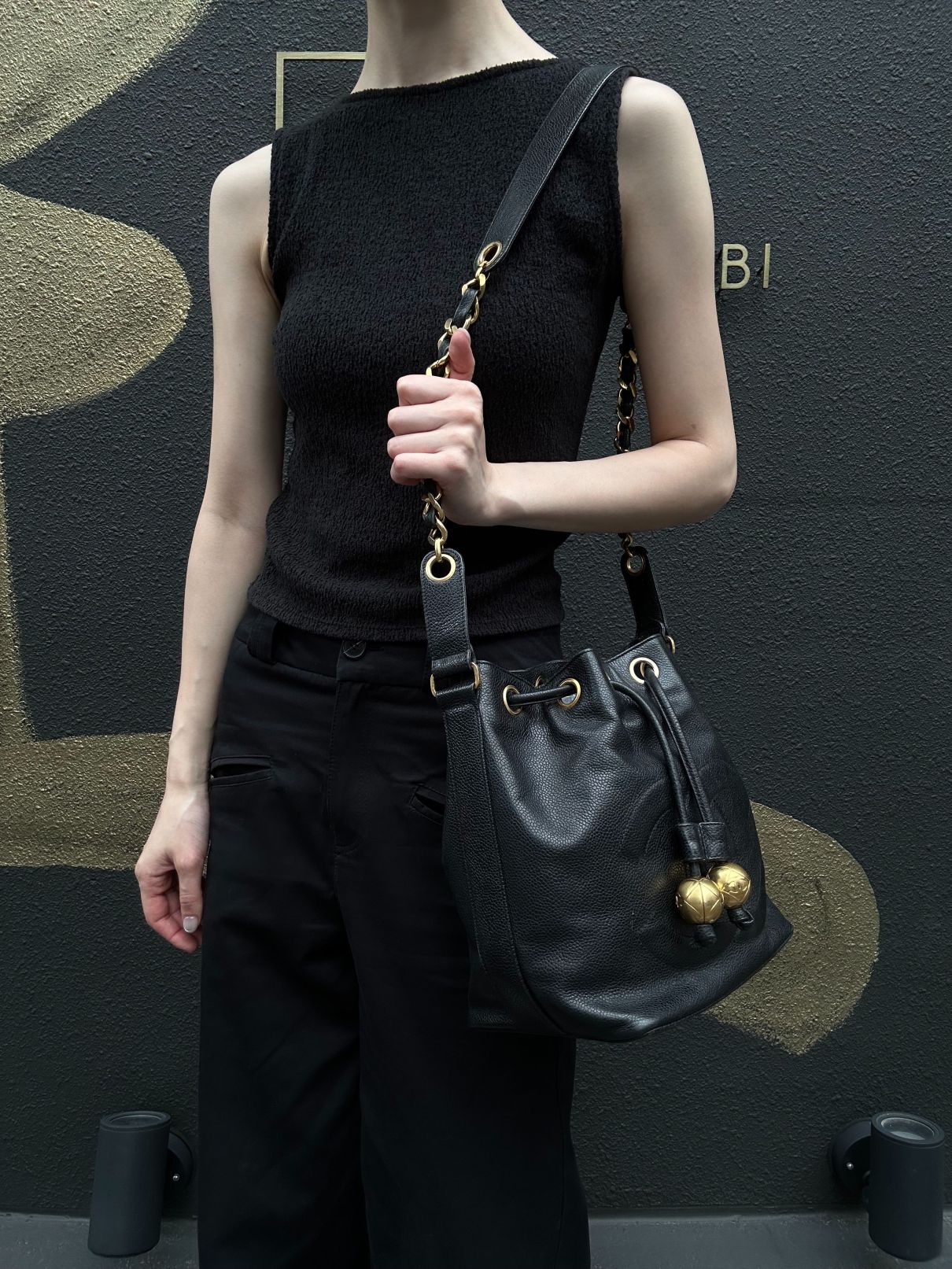 CHANEL Coco Mark Caviar Skin Drawstring Shoulder Bag Black Gold-Tone Hardware