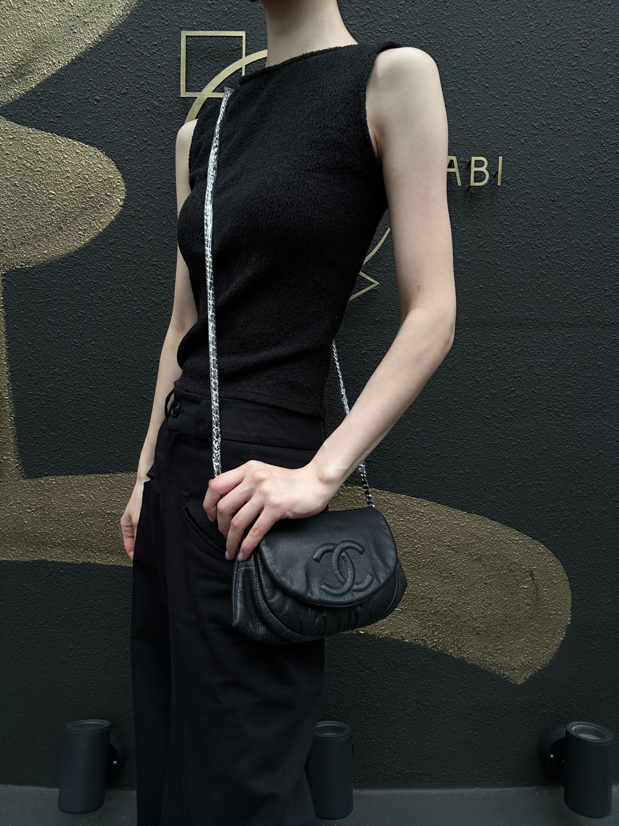 CHANEL Coco Mark Caviar Leather Shoulder Bag Black Silver-Tone Hardware