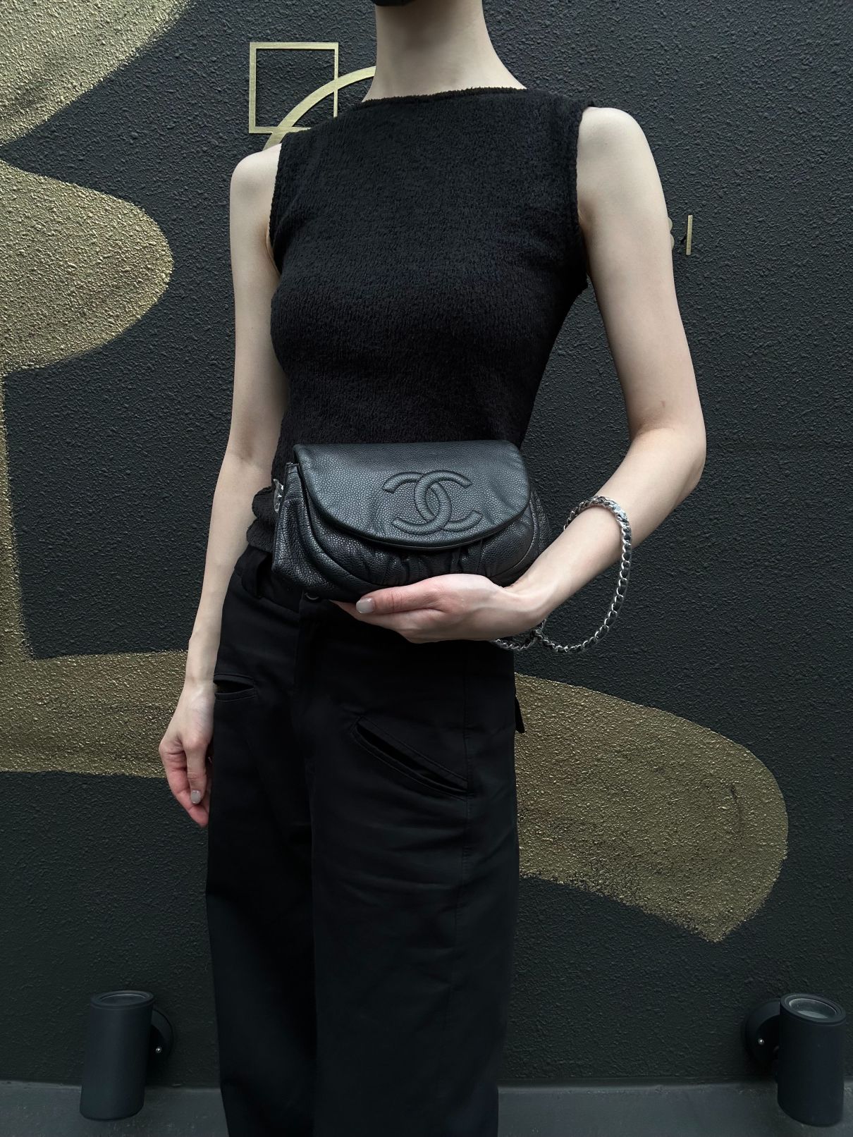 CHANEL Coco Mark Caviar Leather Shoulder Bag Black Silver-Tone Hardware