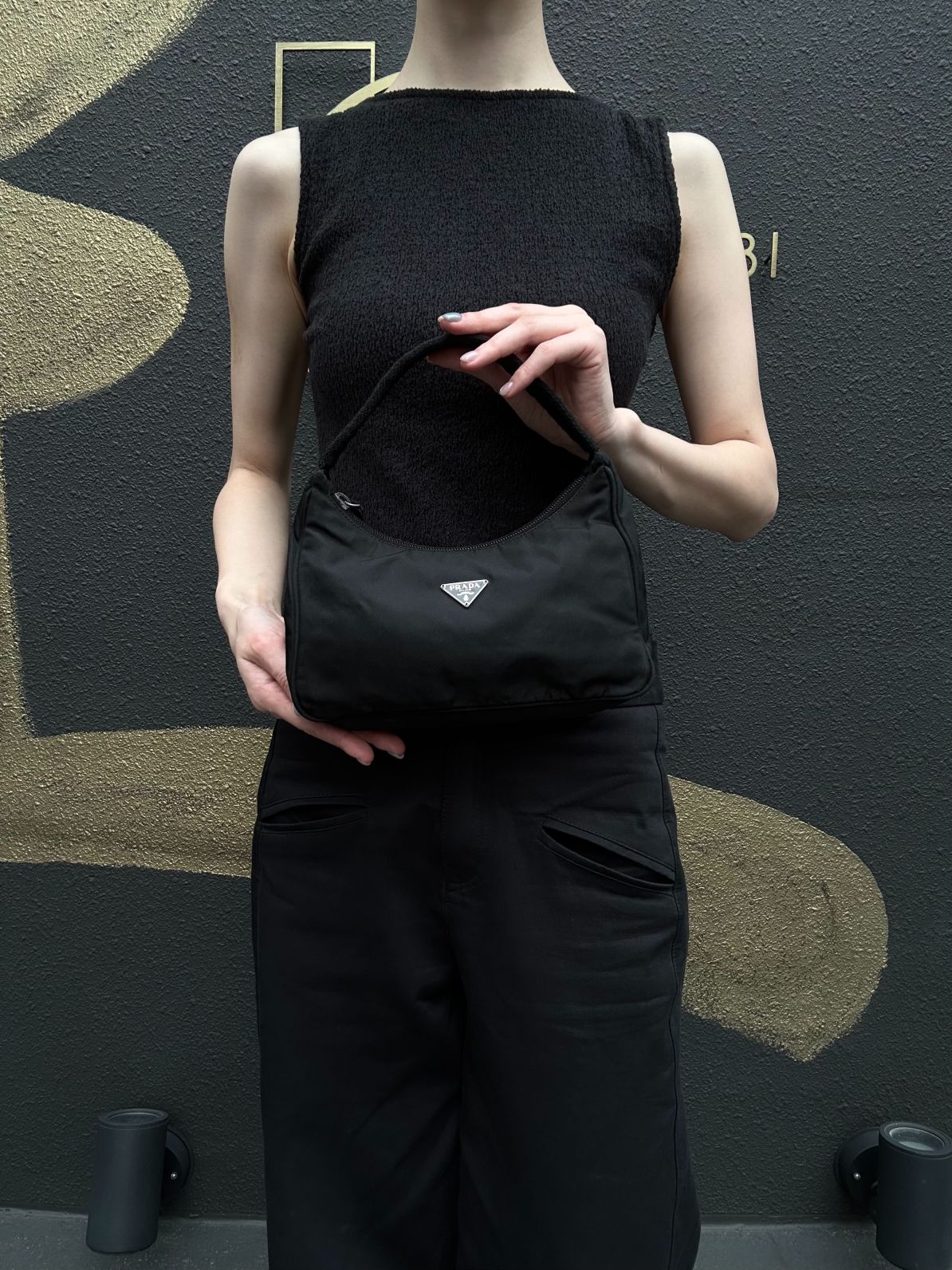 PRADA Underarm Handbag Nylon Black Silver Hardware