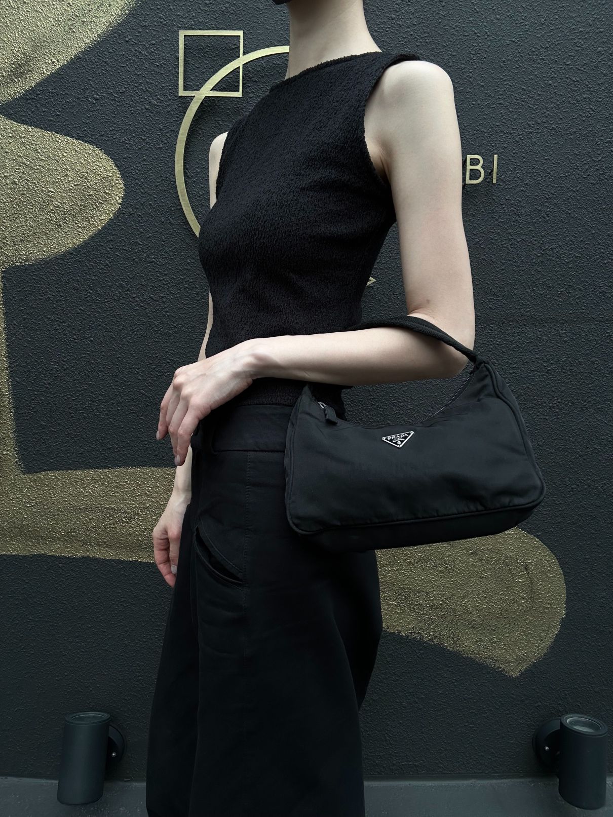 PRADA Underarm Handbag Nylon Black Silver Hardware