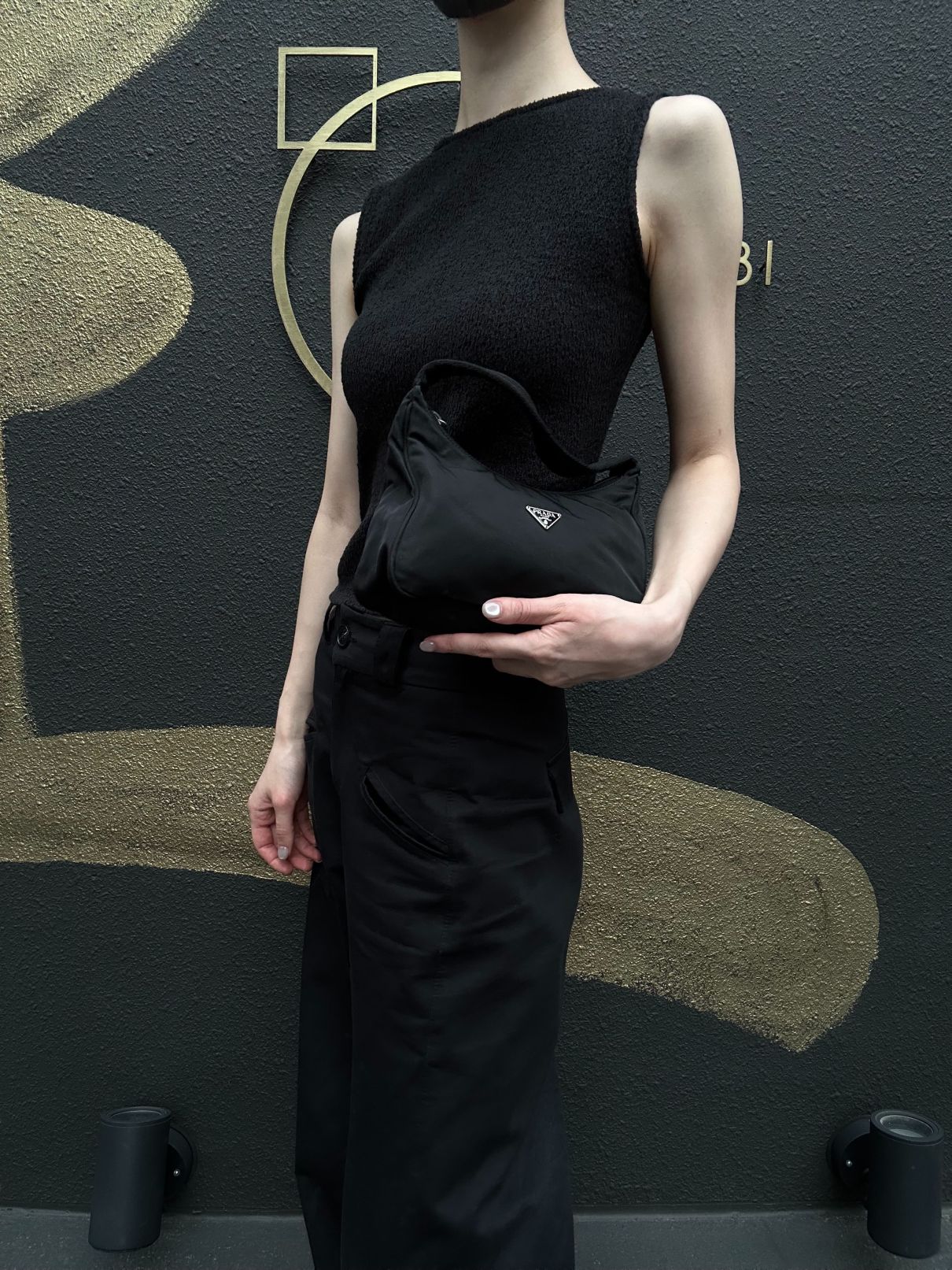 PRADA Underarm Handbag Nylon Black Silver Hardware