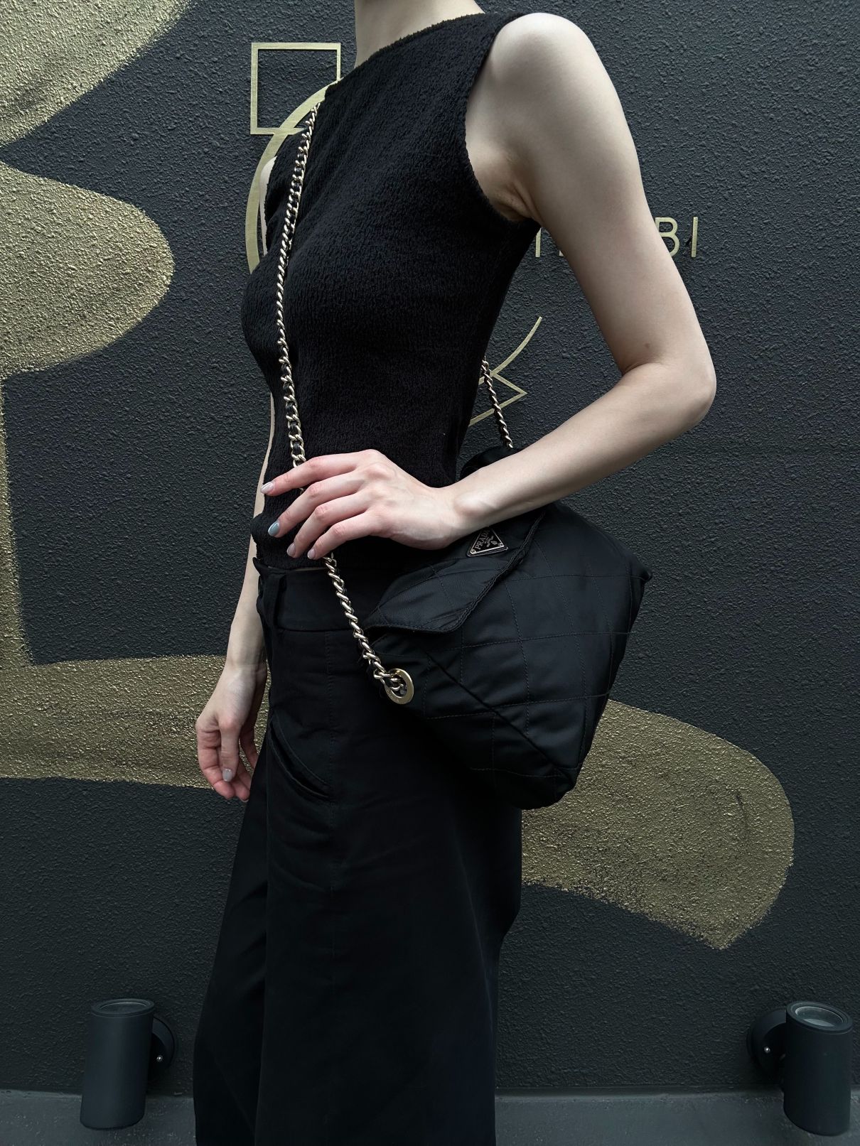 PRADA Nylon Shoulder Bag Black Gold-Tone Hardware