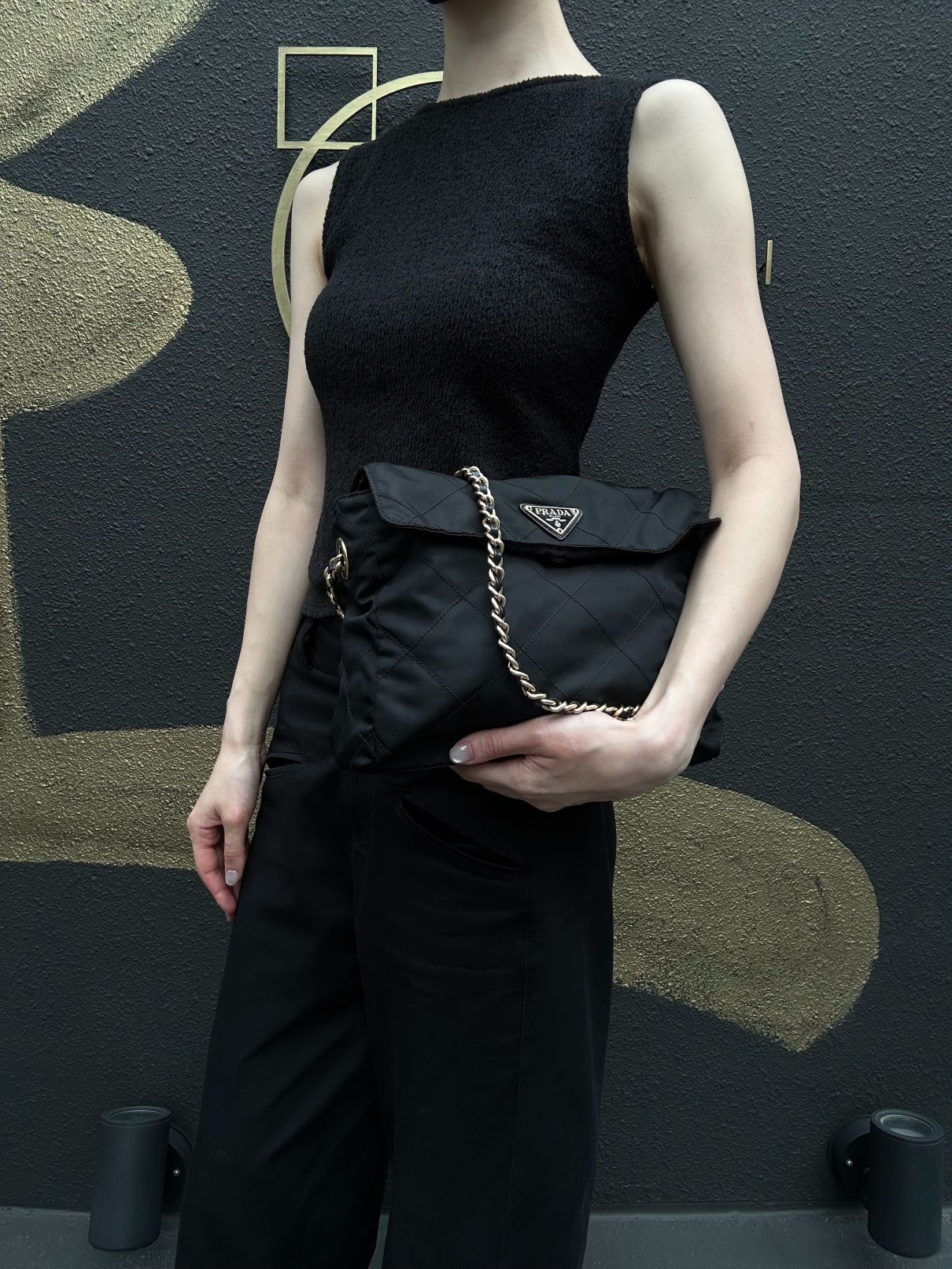 PRADA Nylon Shoulder Bag Black Gold-Tone Hardware