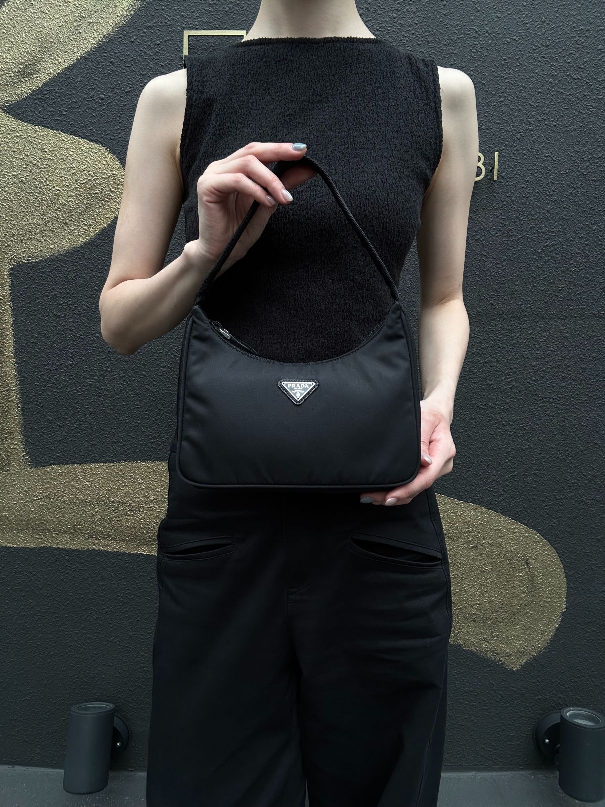 PRADA Re-Edition 2000 Hobo Handbag Nylon Black Silver Hardware