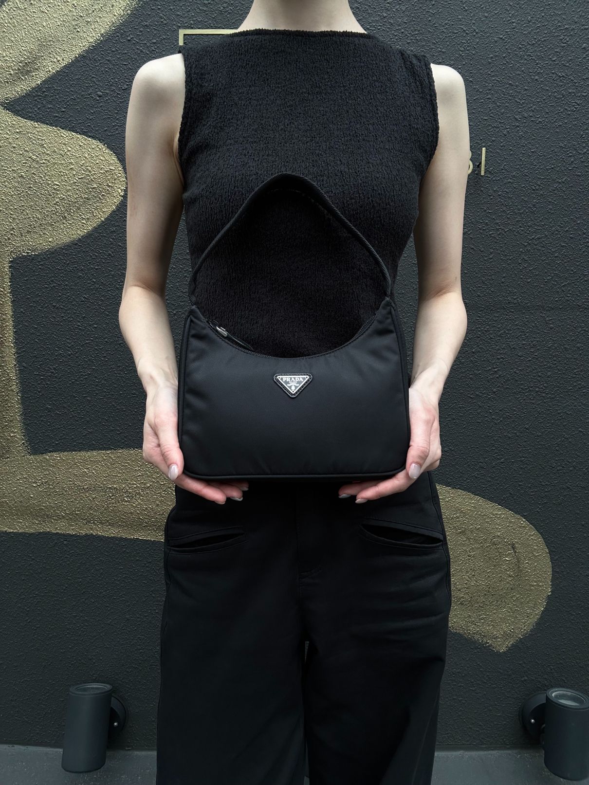 PRADA Re-Edition 2000 Hobo Handbag Nylon Black Silver Hardware