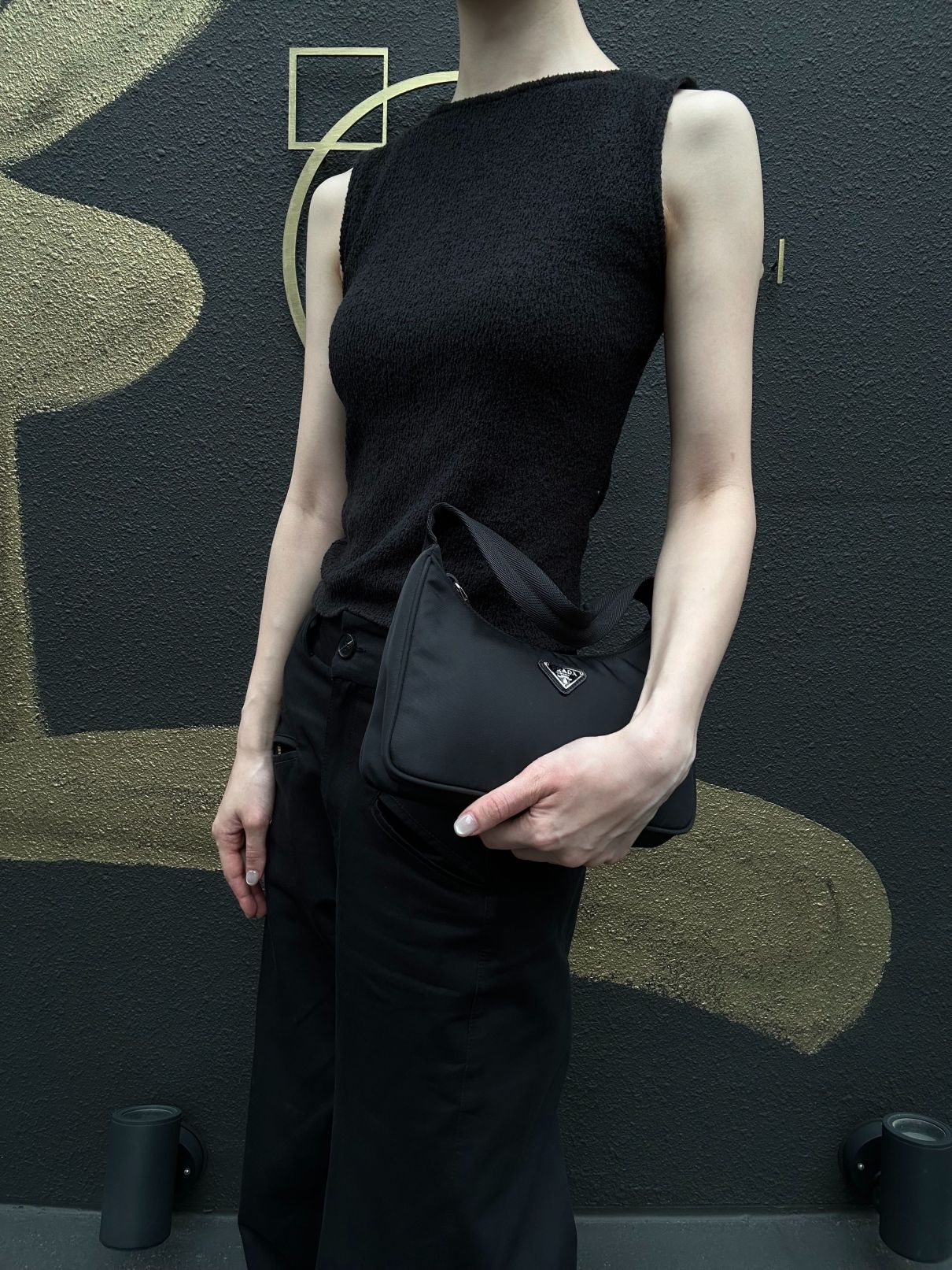 PRADA Re-Edition 2000 Hobo Handbag Nylon Black Silver Hardware