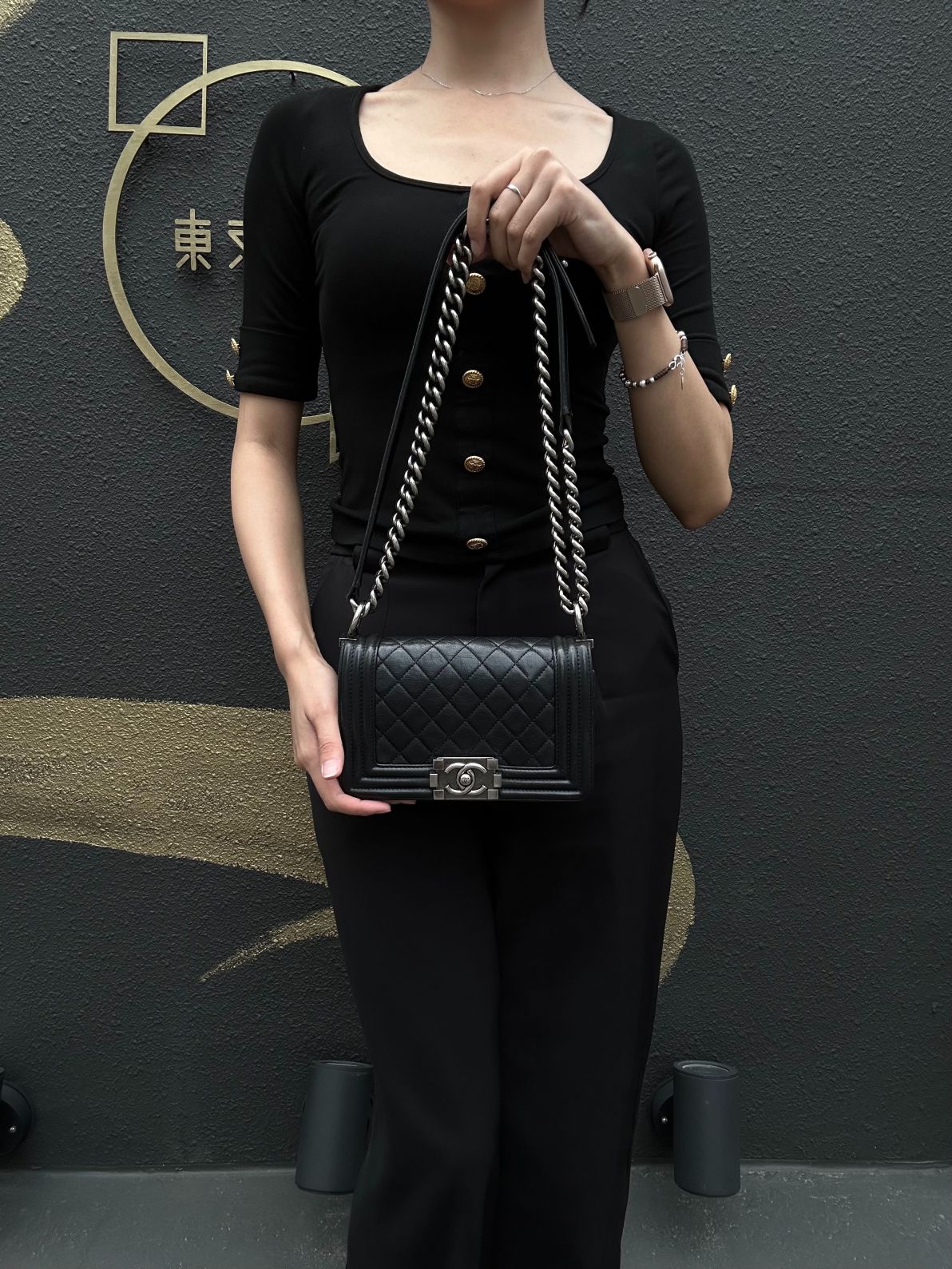 CHANEL Boy Leboy Shoulder Bag Caviar Leather Black Silver Hardware