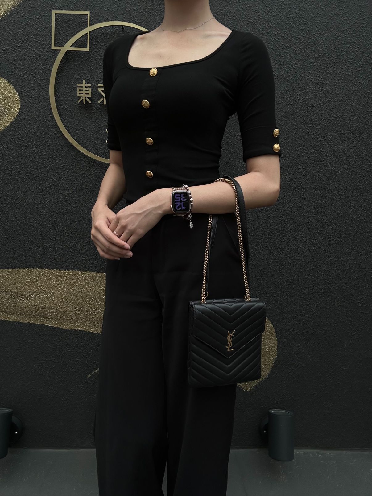YVES SAINT LAURENT Cassandra V-Stitch Calf Leather Shoulder Bag Black Gold-Tone Hardware