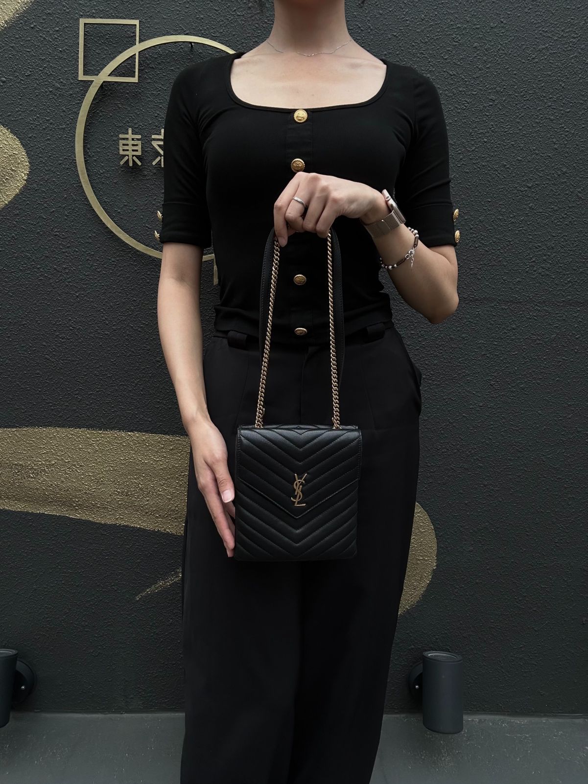 YVES SAINT LAURENT Cassandra V-Stitch Calf Leather Shoulder Bag Black Gold-Tone Hardware