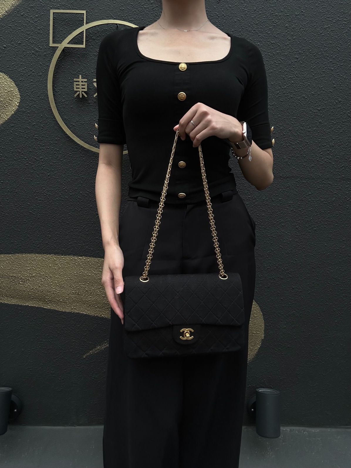 CHANEL CF Shoulder Bag Cotton Canvas Black Gold Hardware