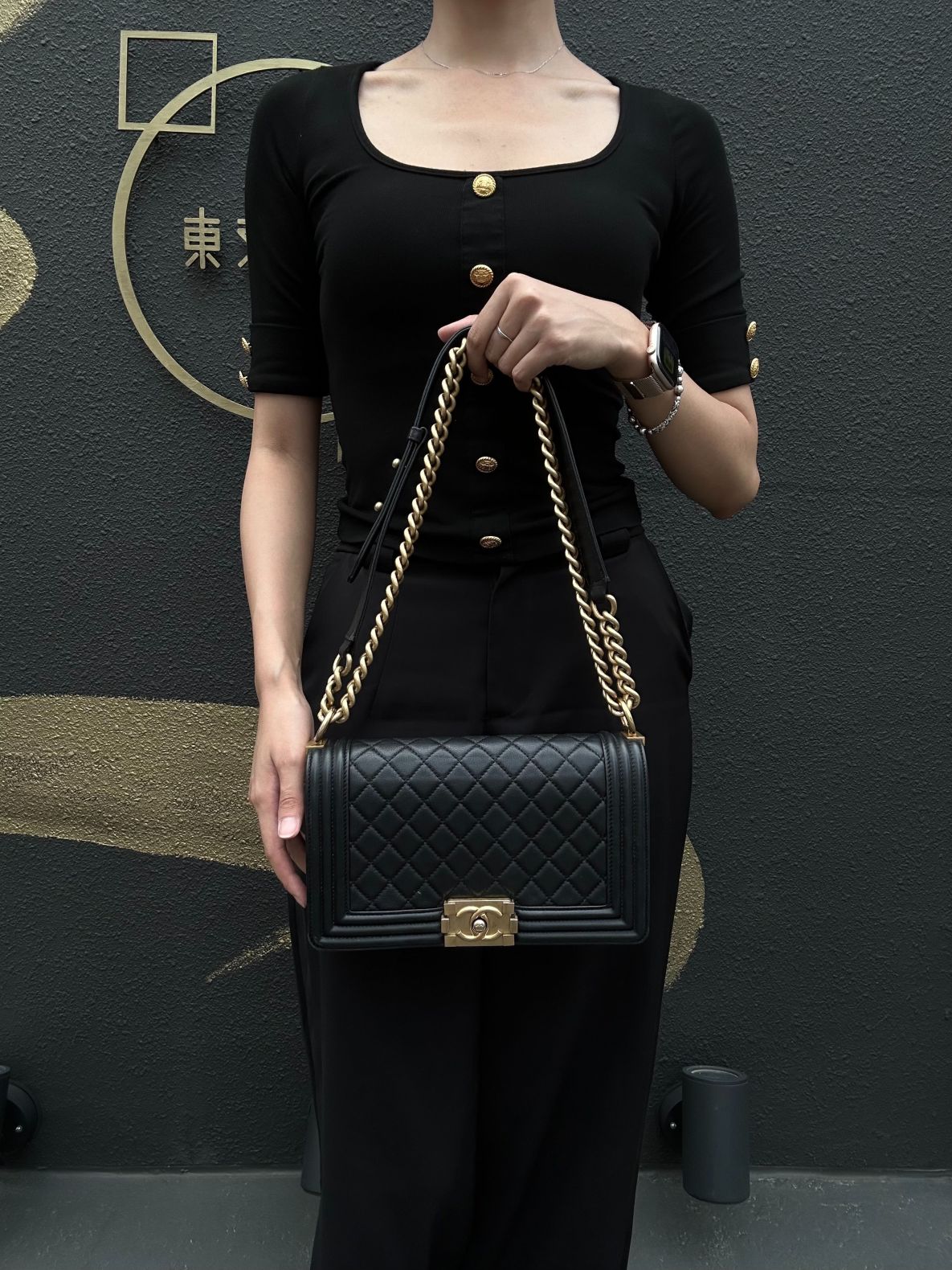 CHANEL Boy Matelassé Caviar Leather Shoulder Bag Black Gold-Tone Hardware