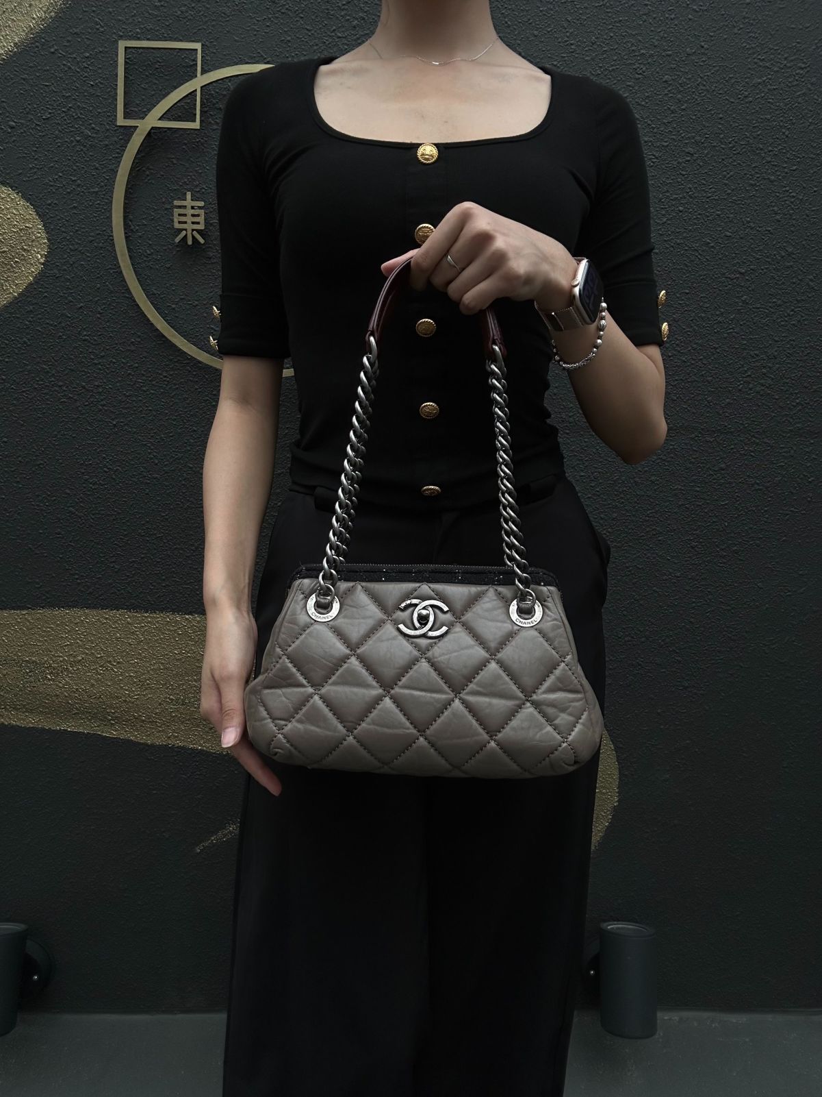 CHANEL Matelasse Lambskin Shoulder Bag Brown Dark Silver-Tone Hardware