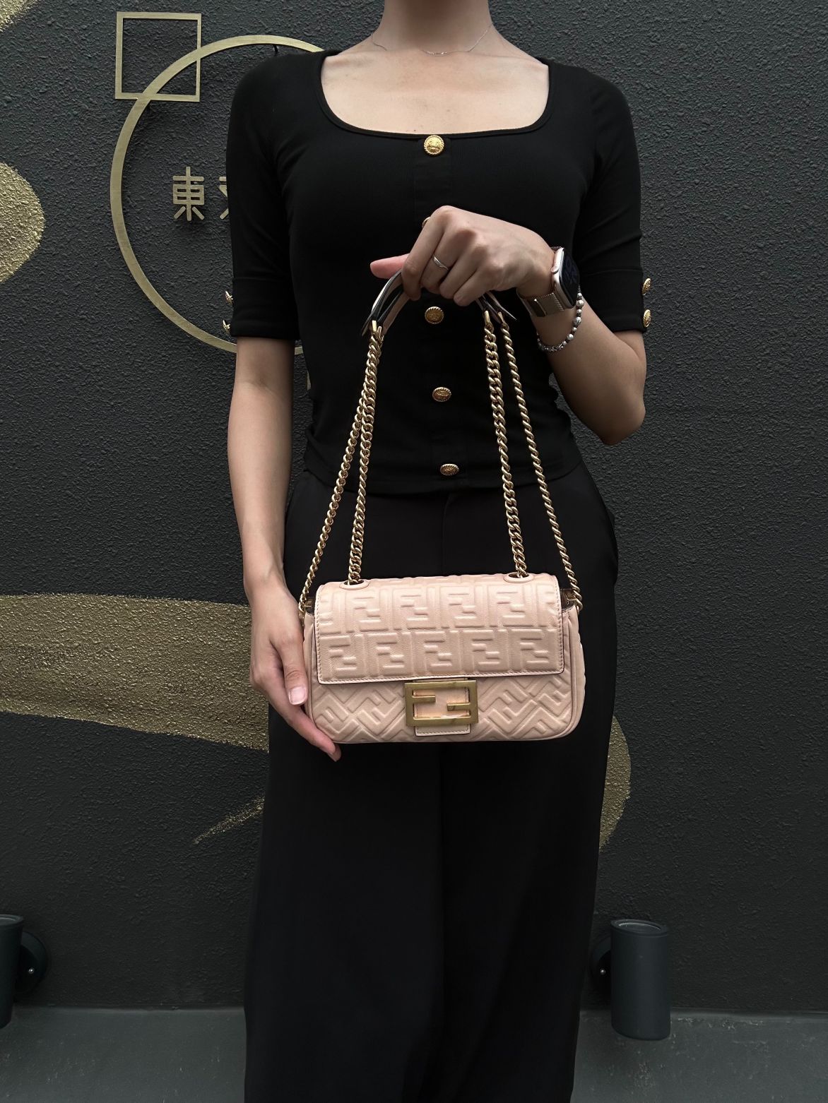 FENDI Baguette Calf Leather Shoulder Bag Pink Gold-Tone Hardware