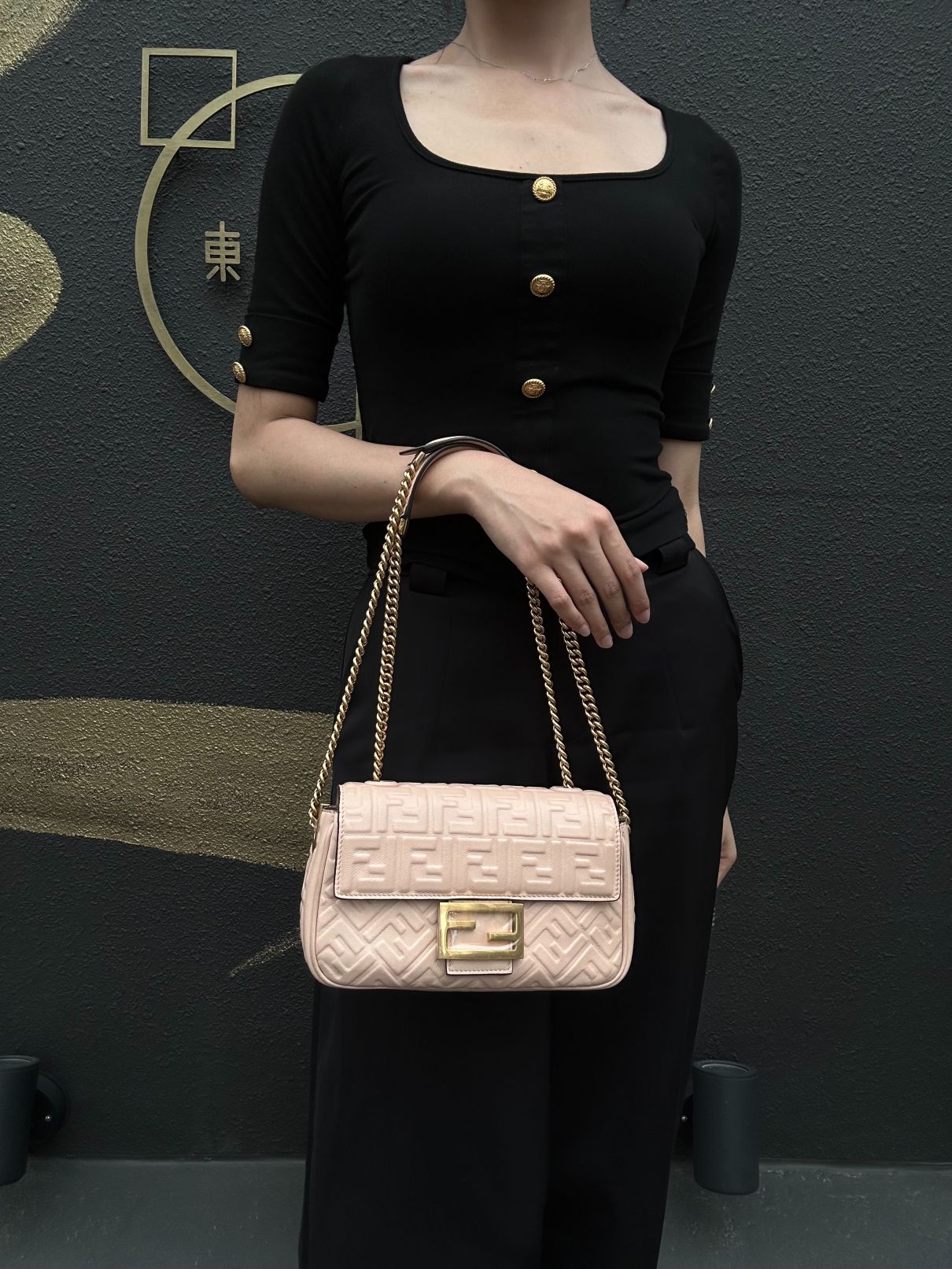FENDI Baguette Calf Leather Shoulder Bag Pink Gold-Tone Hardware