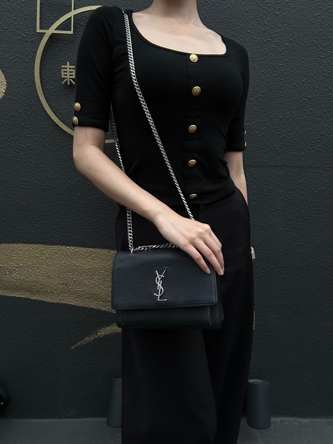 YSL Saint Laurent Sunset Shoulder Bag Calfskin Black Silver Hardware