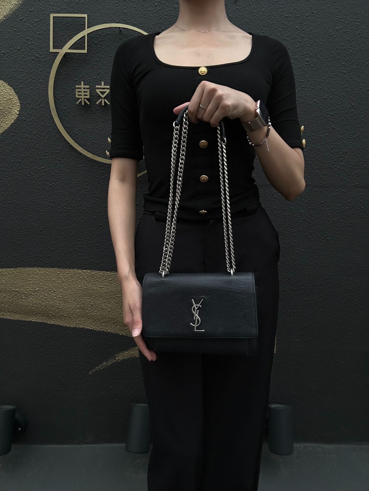YSL Saint Laurent Sunset Shoulder Bag Calfskin Black Silver Hardware