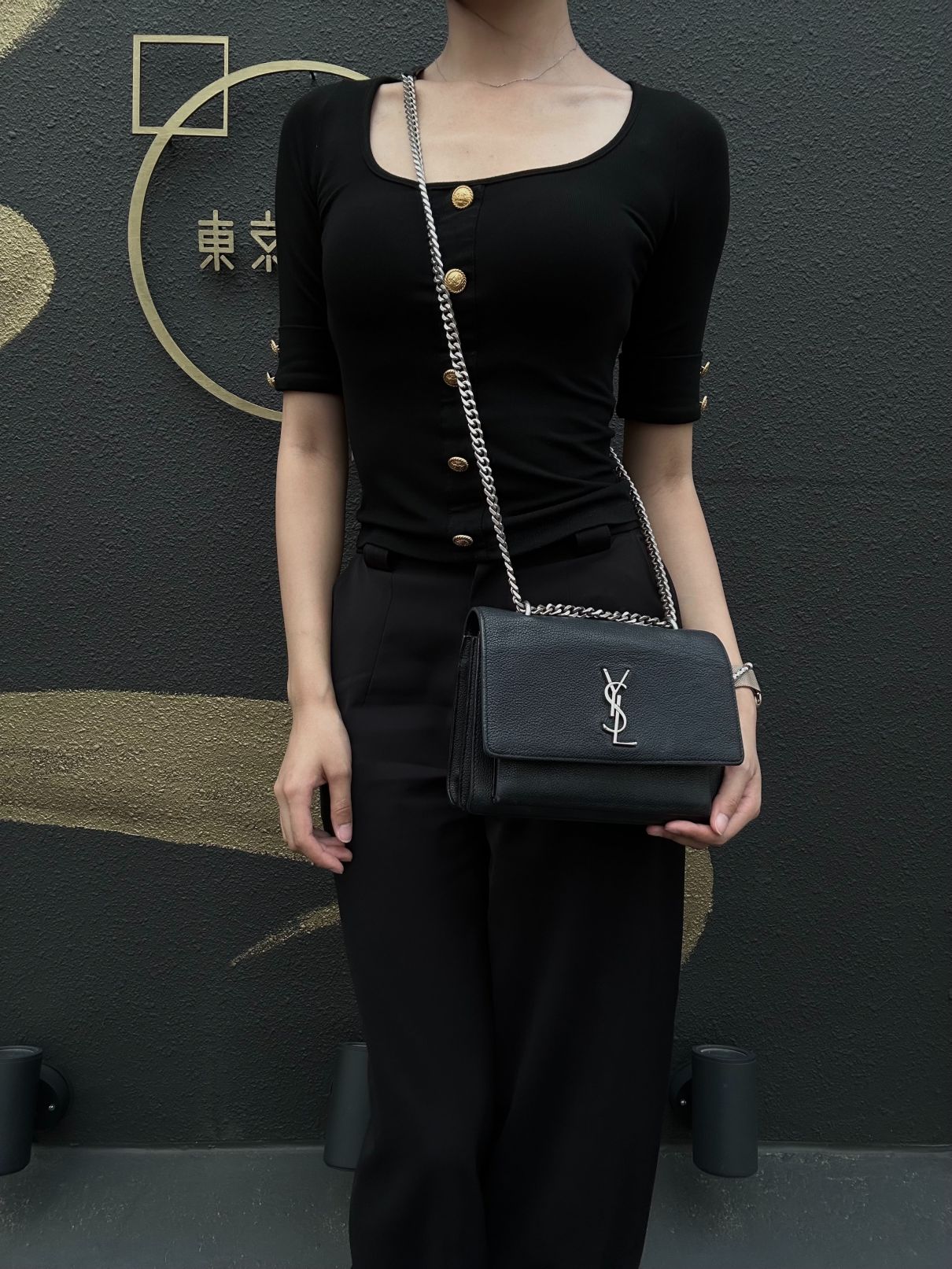 YSL Saint Laurent Sunset Shoulder Bag Calfskin Black Silver Hardware