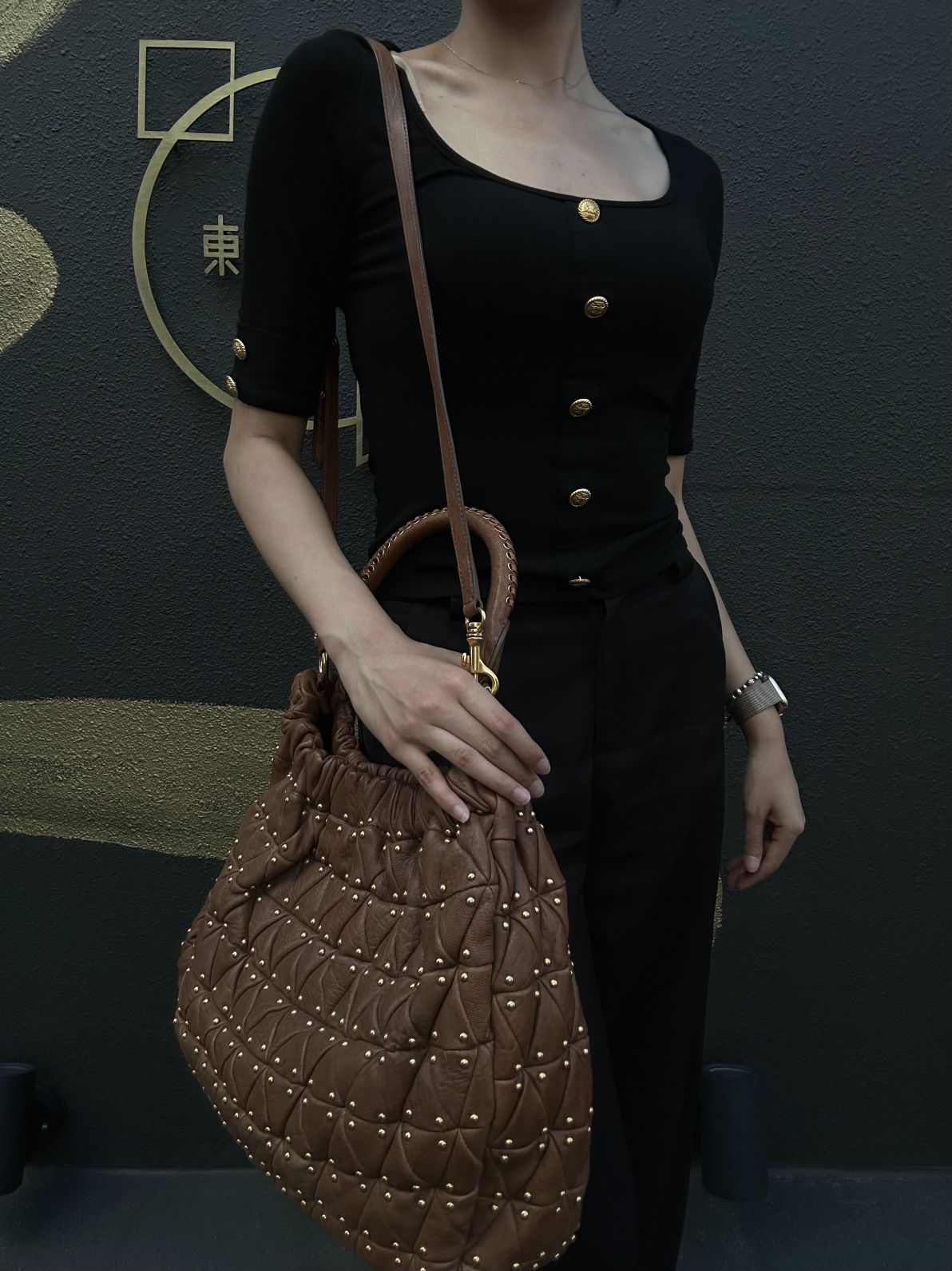 MIU MIU Studded Calf Leather Tote Bag Brown Gold-Tone Hardware