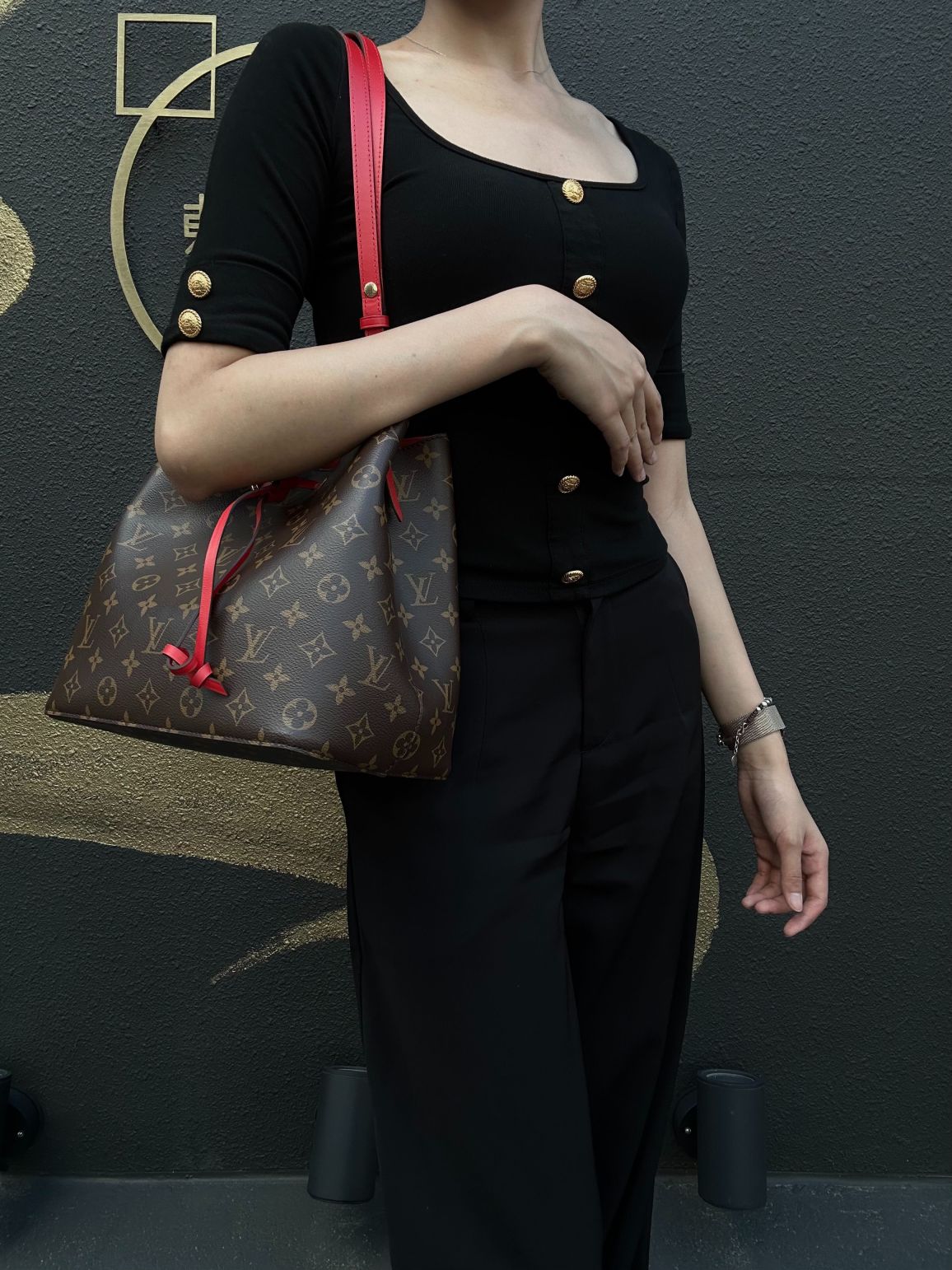 LOUIS VUITTON NeoNoé Monogram PVC Drawstring Bucket Shoulder Bag Brown Red