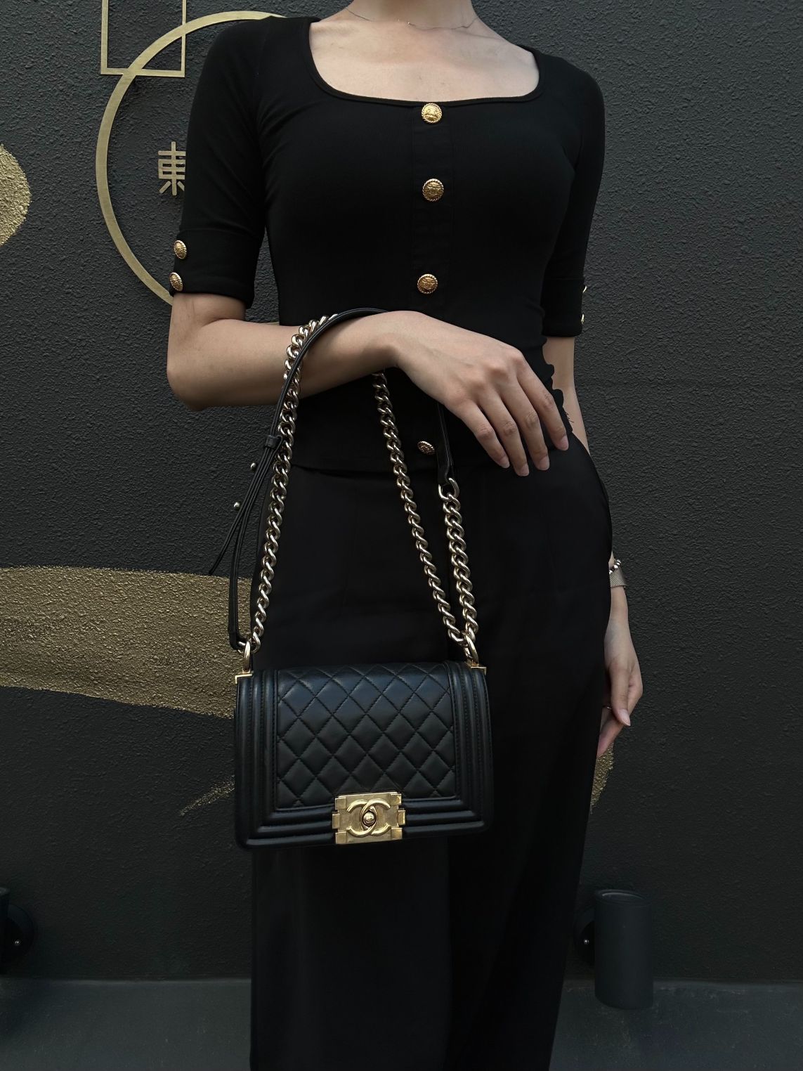 CHANEL Boy Matelassé Lambskin Shoulder Bag Black Gold-Tone Hardware