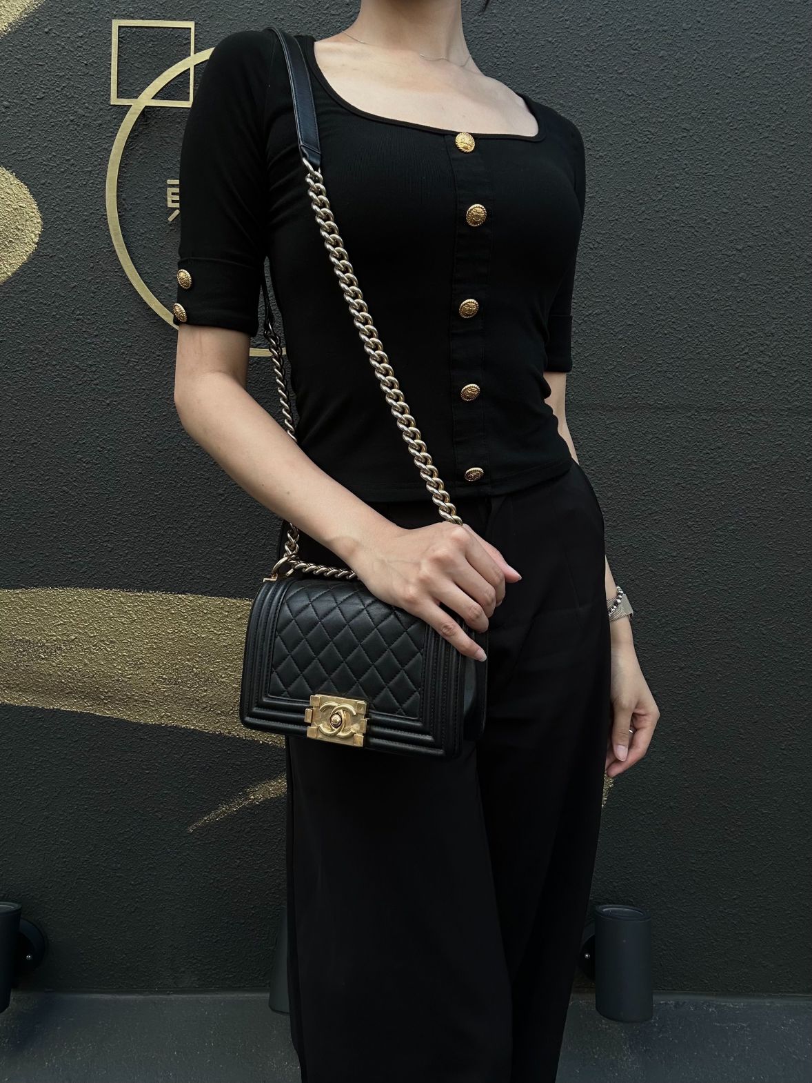 CHANEL Boy Matelassé Lambskin Shoulder Bag Black Gold-Tone Hardware