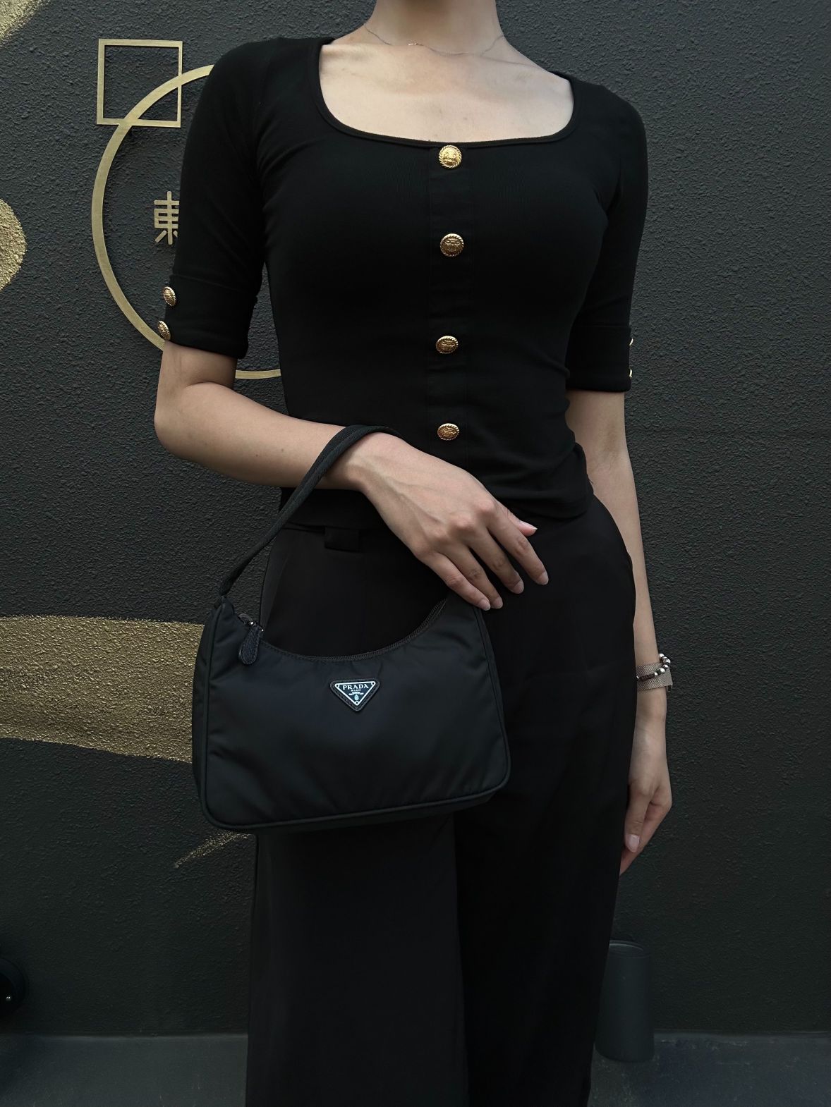 PRADA Nylon Handbag Black Silver-Tone Hardware
